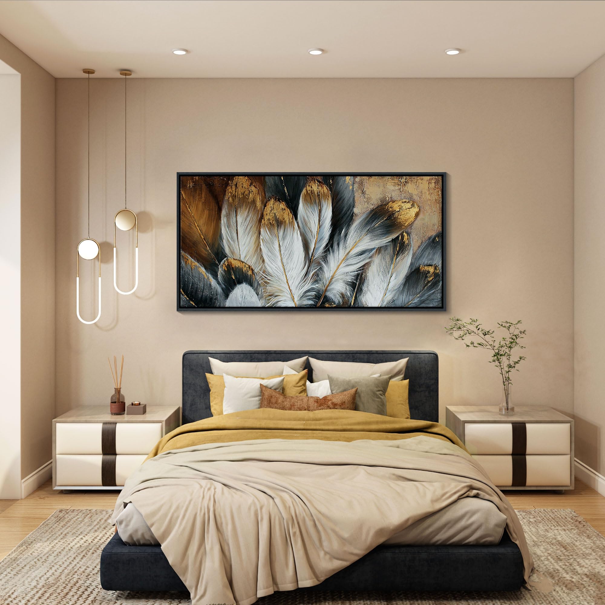 Framed Feather Canvas Wall Art Modern Living Room Bedroom Wall Decoration Large Canvas Painting Artwork For Home Decor White Gol