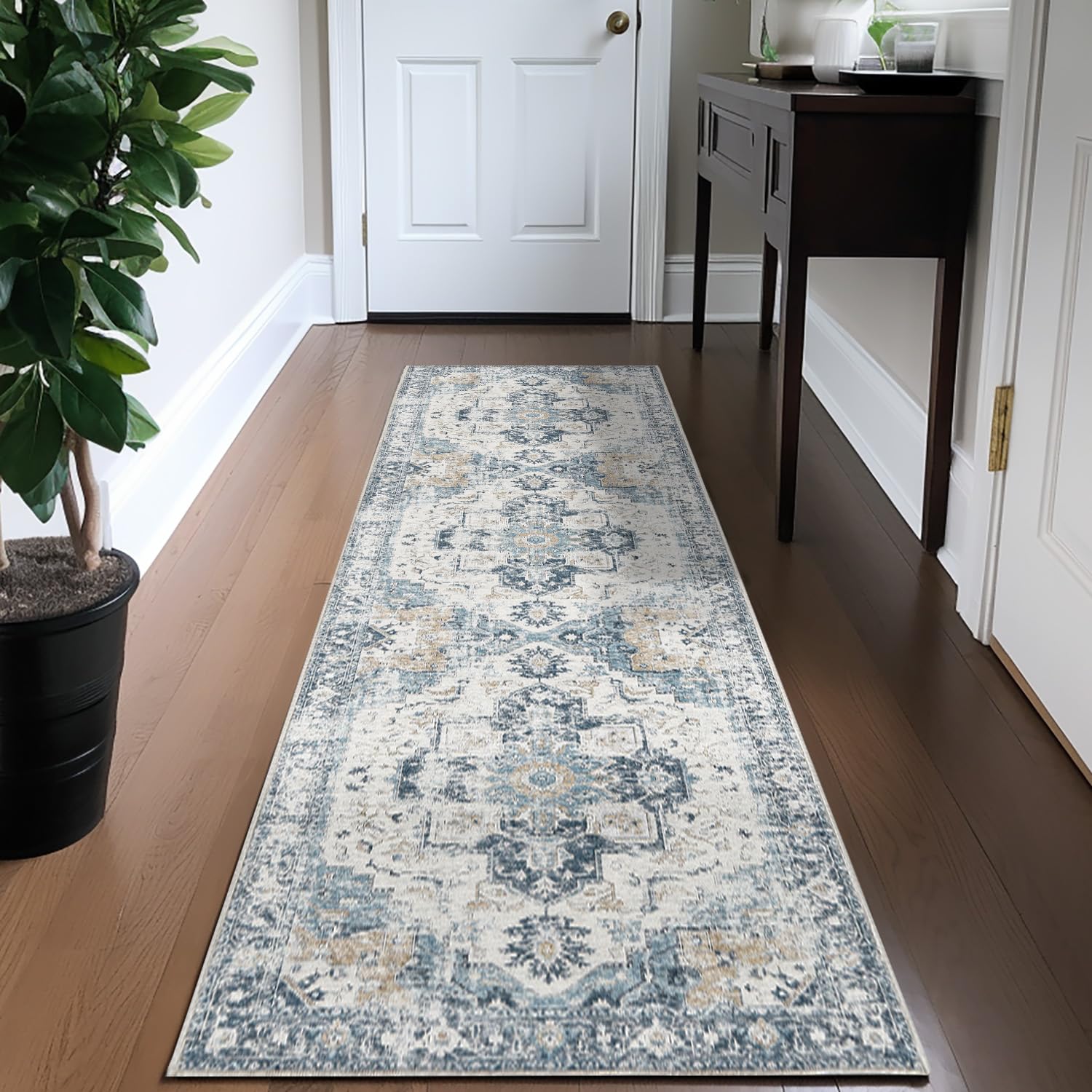 jinchan Area Rug 2x10 Washable Rug Hallway Indoor Vintage Blue Retro Distressed Carpet Rug Stair Runner Thin Mat Accent Rug Ligh