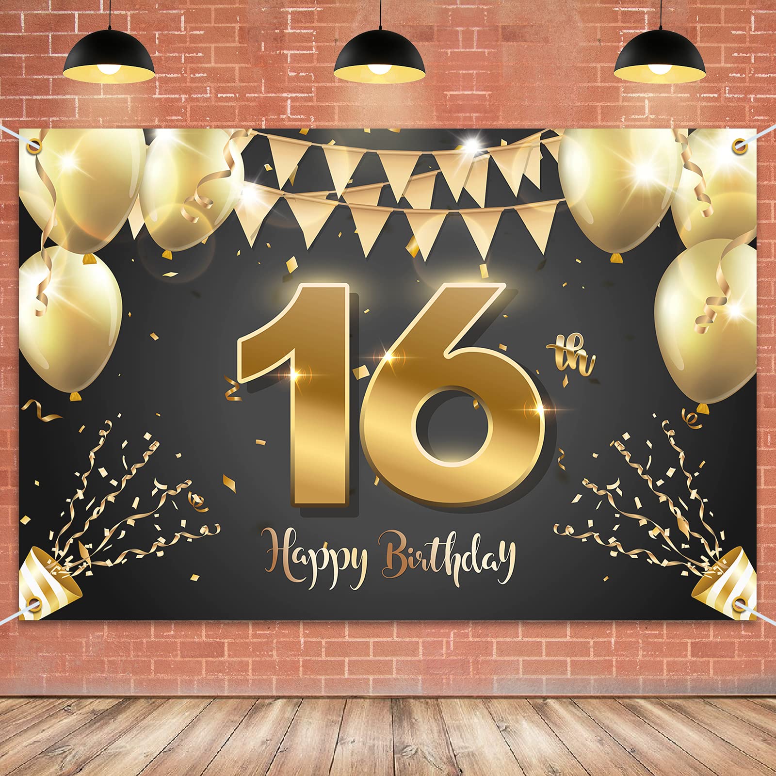 Hamigar 6X4Ft Happy 16Th Birthday Banner Backdrop - 16 Years Old Birthday Decorations Party Supplies For Girls Boys - Black Gold