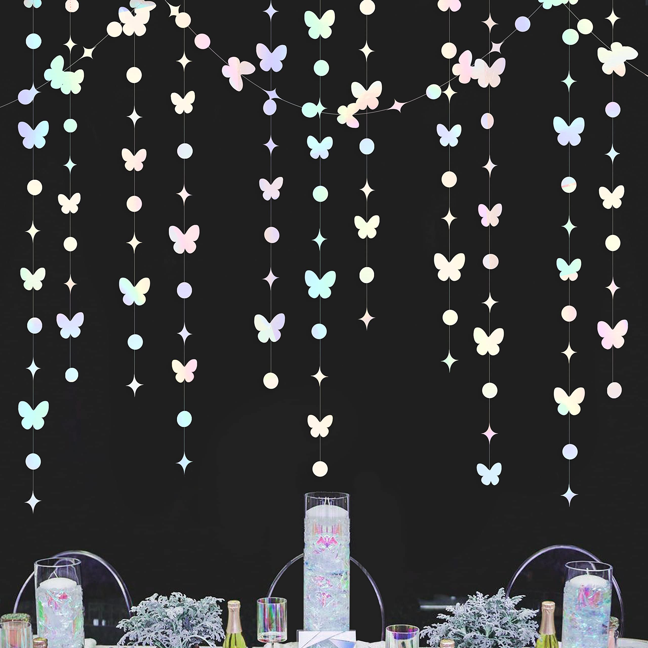 40Ft White Iridescent Butterfly Garlands White Holographic Paper Hanging Polka Dots Star Butterflies Streamer Banner For Spring