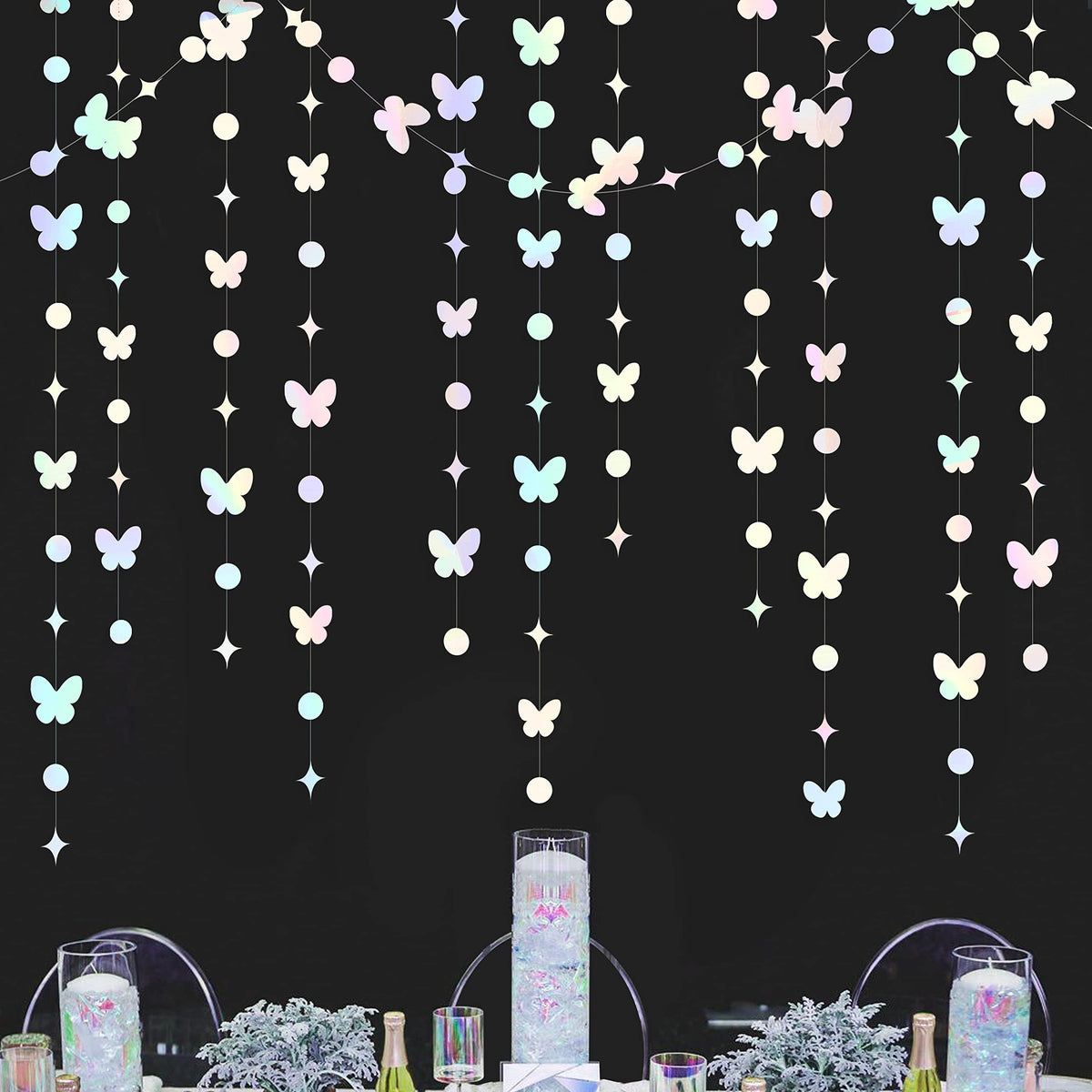 40Ft White Iridescent Butterfly Garlands White Holographic Paper Hanging Polka Dots Star Butterflies Streamer Banner For Spring
