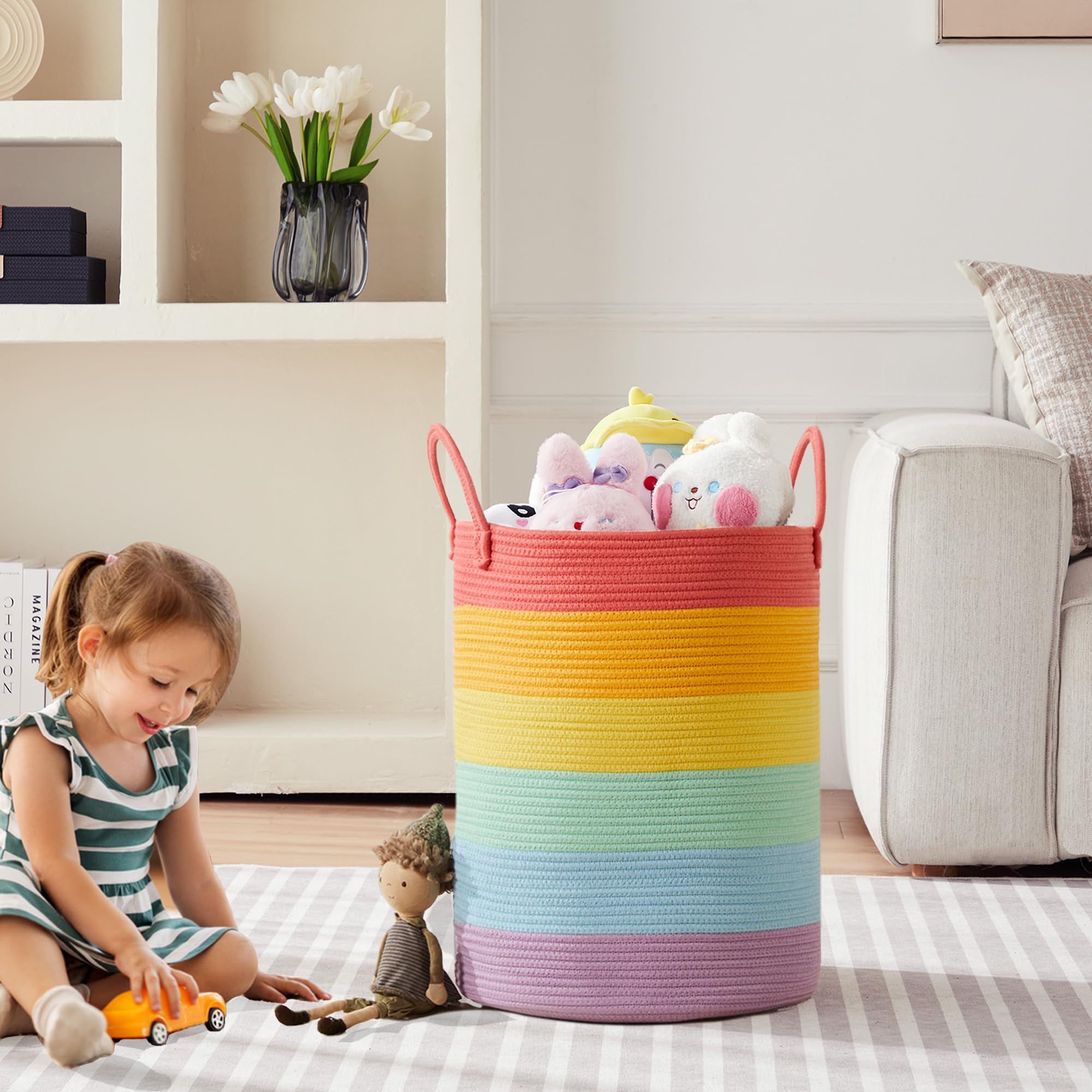 Mojoscend Rainbow Laundry Basket Hamper For Kids, 15Dx20H Inches Clothes Hamper For Girls Room, Toy Hamper Storage