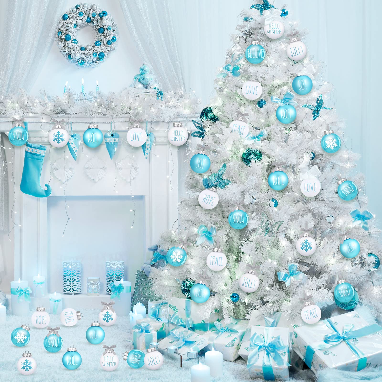 Jetec 12 Pcs Christmas Ball Ornaments for Tree 2.4 Inch Blue and White Christmas Snowflake Tree Decorations Plastic Shatterproof