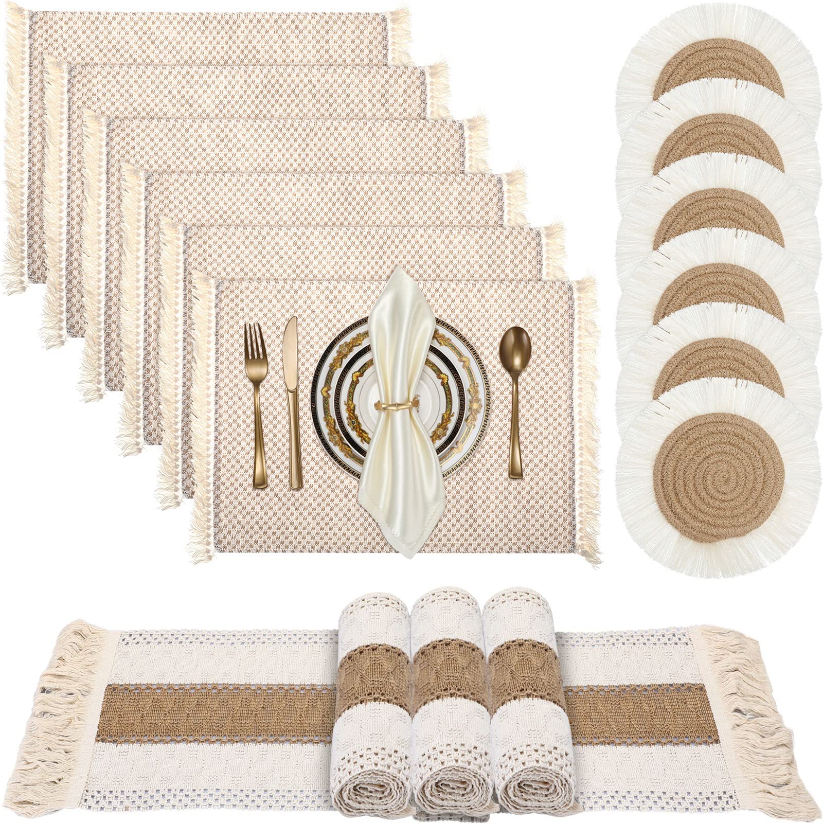 Boho Macrame Table Runner Placemat and Coaster Set of 13, Rustic Table Runner with Tassel Absorbent Boho Placemat Natrual Burlap