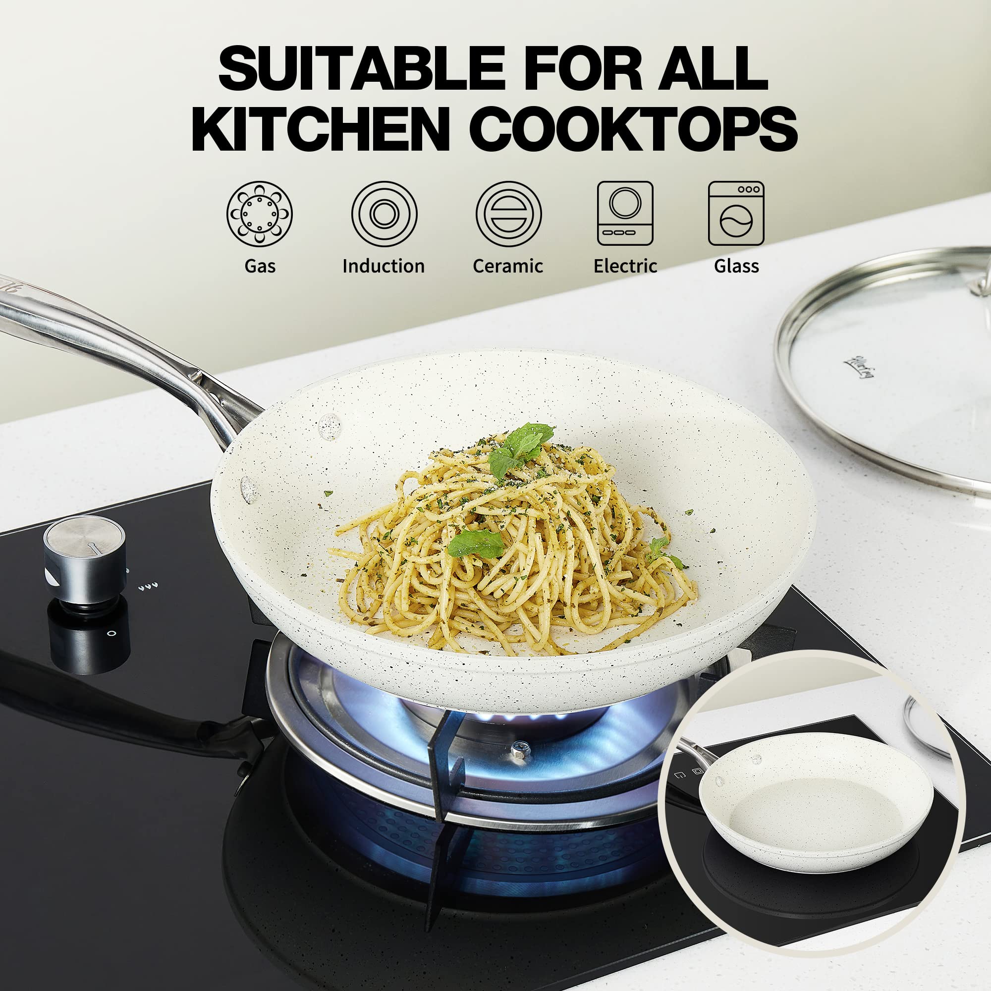 HLAFRG 12 Inch Nonstick Frying Pan with Lid  White Marble Skillet Stone-Derived Coating  APEO & PFOA Free  With Heat-Resistant Handle  Oven Safe and Induction Compatible