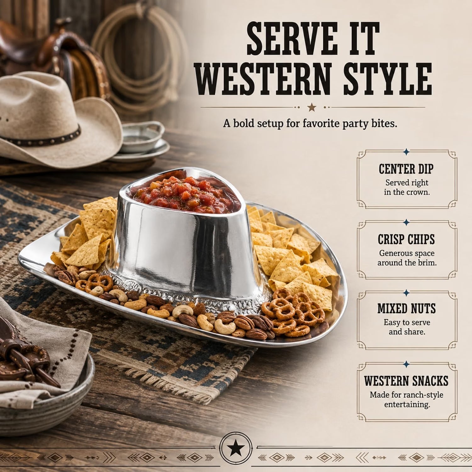 Cowboy Hat Chip and Dip Serving Bowl Silver Brass Snack
