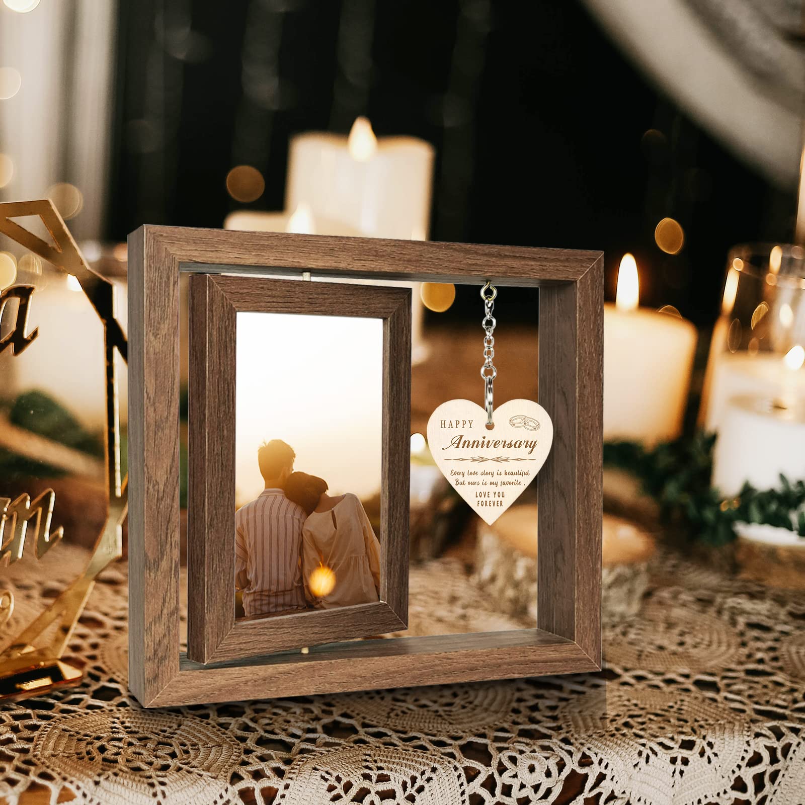 EYITUPC Happy Anniversary Picture Frame Gifts for Women, Rustic Wood Floating Wedding Anniversary for Her Him Wife Husband Men C