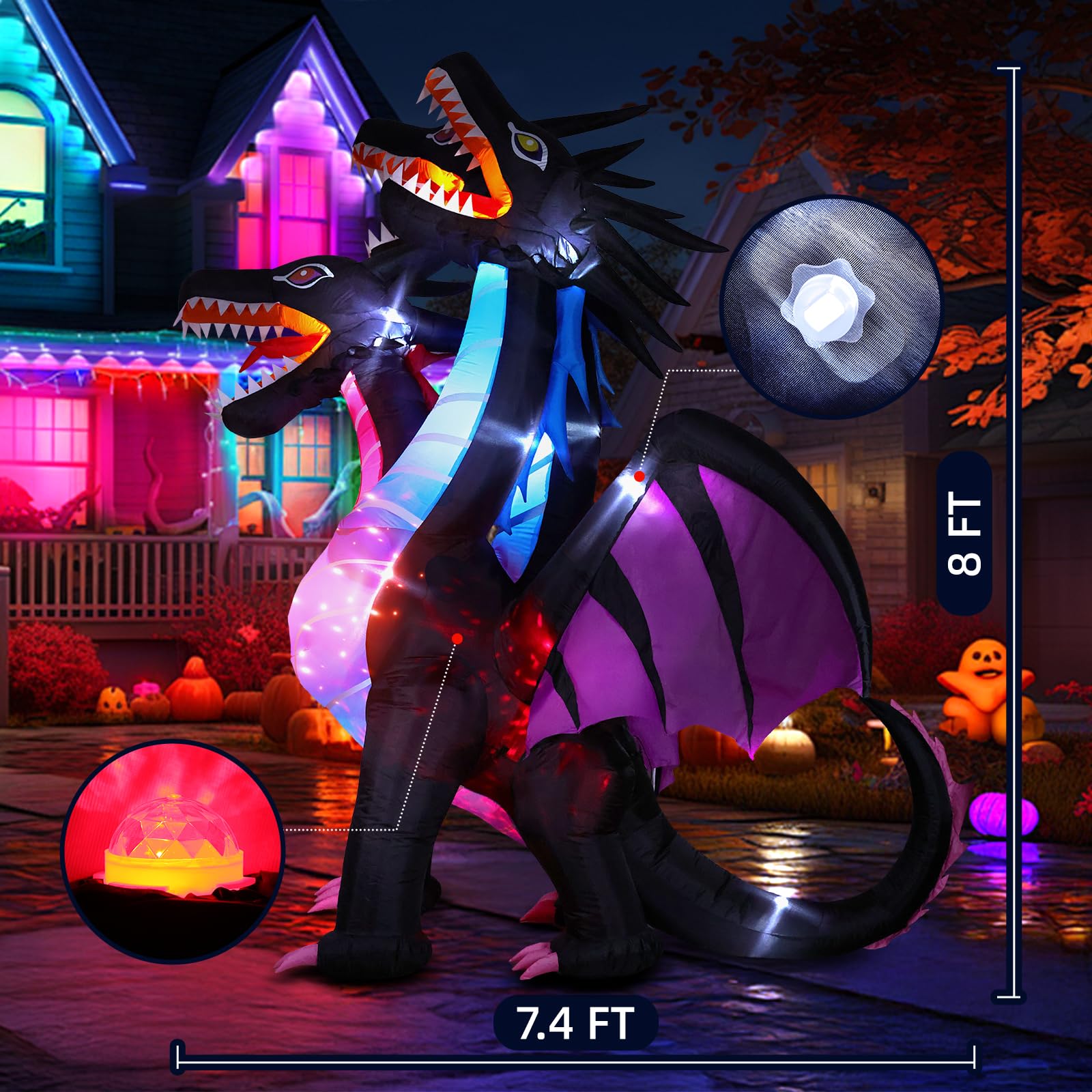 Thuodo 8 FT Tall Halloween Inflatables Dragon Outdoor Decorations Blow Up Yard Three-Headed Dragon with Built-in LEDs for Lawn G