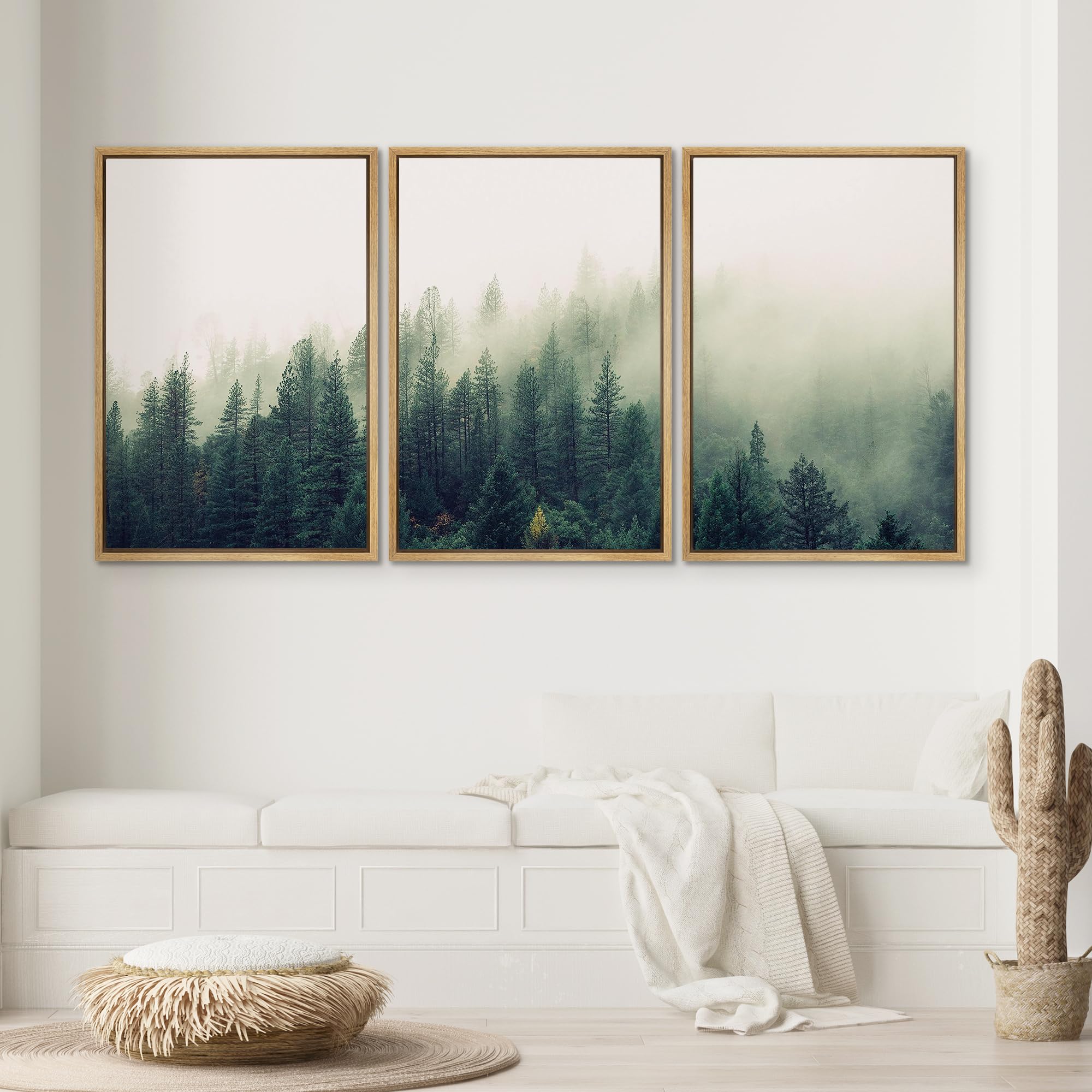 Signwin 3 Piece Framed Canvas Wall Art Green Foggy Mountains Nature Wilderness Photography Abstract Rustic Aerial Canvas Prints