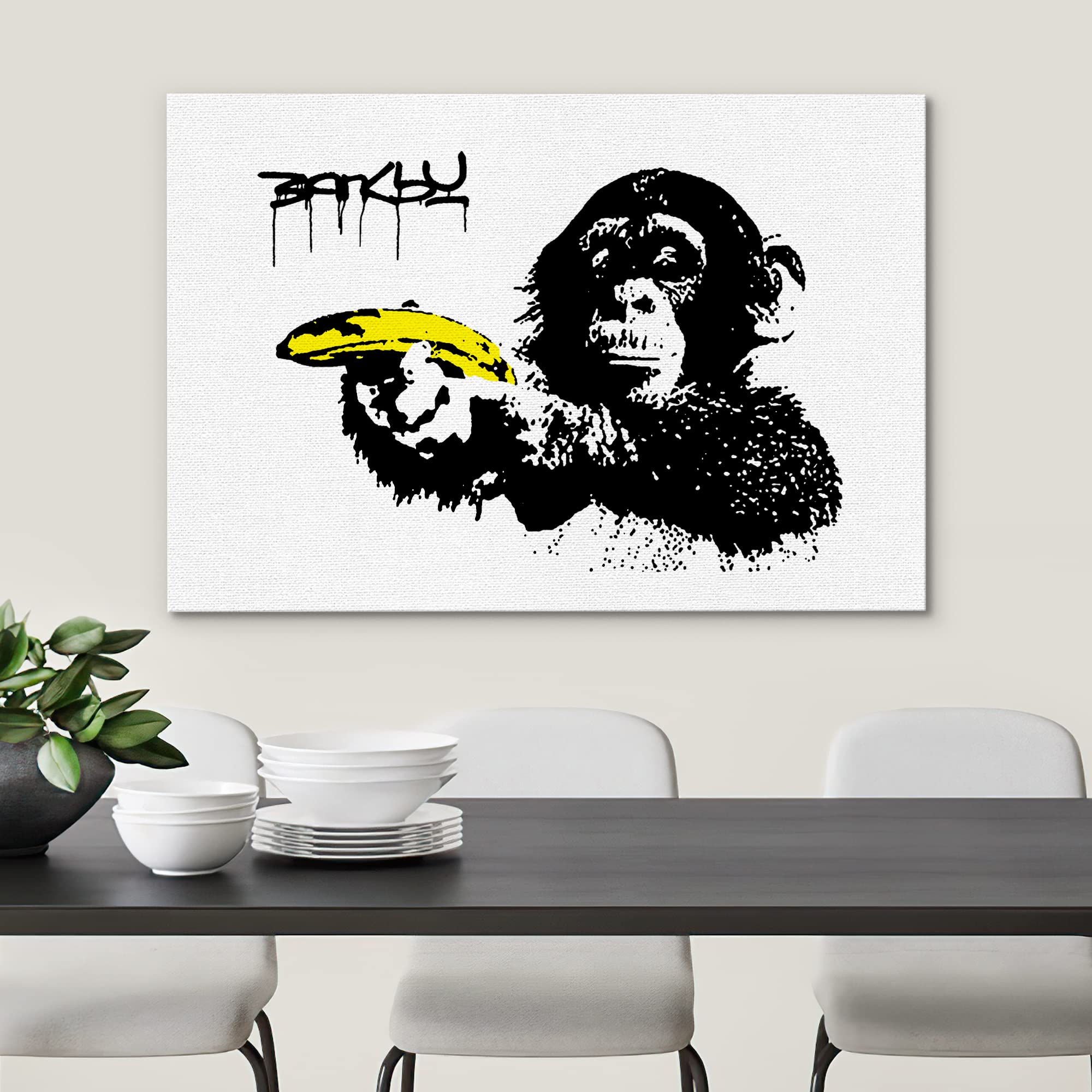 SIGNWIN Framed Canvas Wall Art Banksy Monkey with Banana Print Graffiti & Street Art Famous People Pop Art Modern Urban Multicolor for Living Room  Bedroom  Office - 16x24 inches