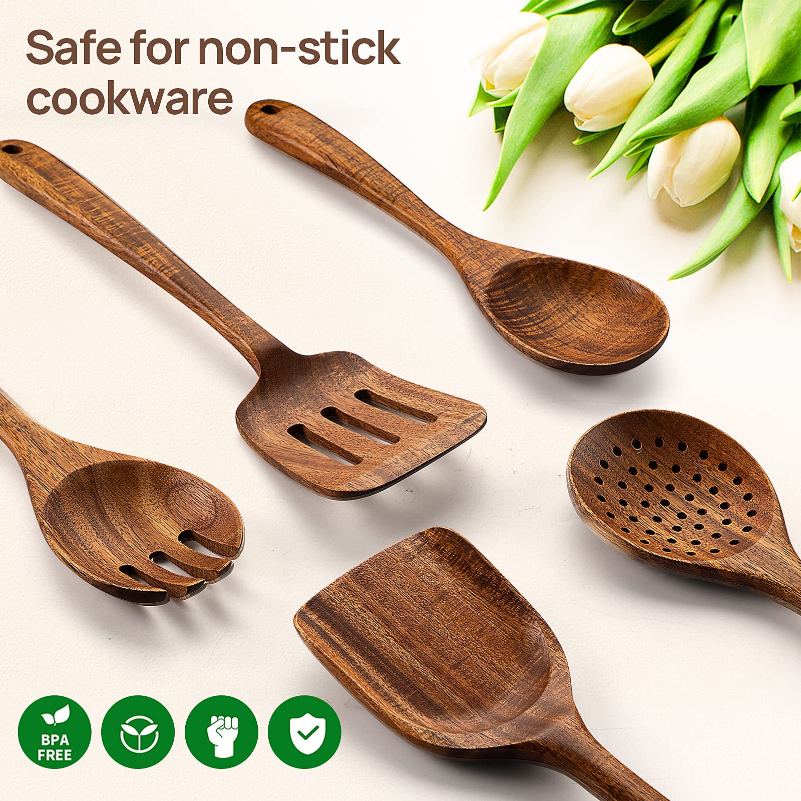 Tanaab Kitchen Wooden Spoons Utensils Set For Cooking, 5 Piece Acacia Wood Spoon Cooking Utensils Apartment Essentials Wooden Tu