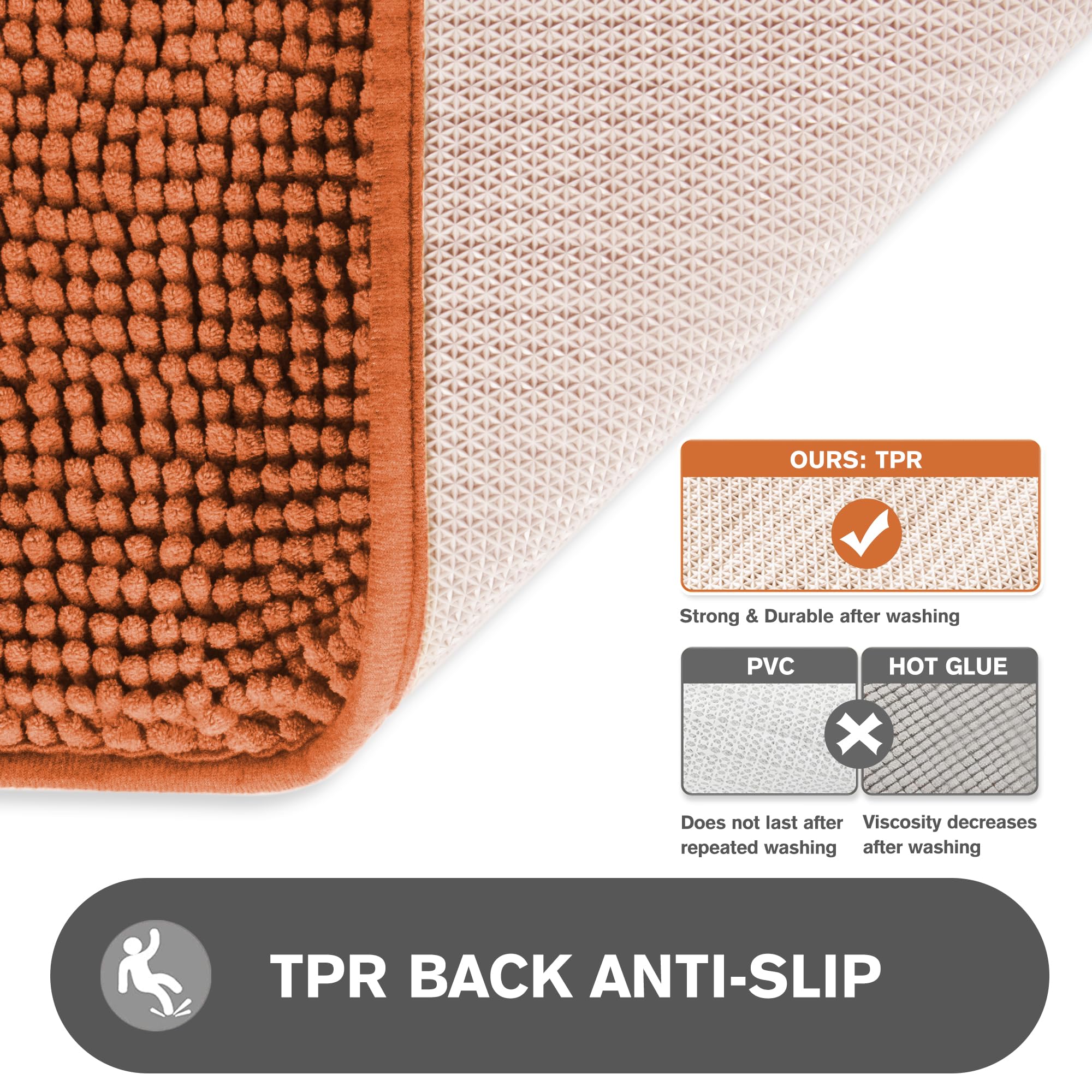 Pureswan Burnt Orange Bathroom Rugs Sets 2 Piece - Absorbent And Washable Bath Mat, Non-Slip, Thick Soft Chenille Bath Rugs For