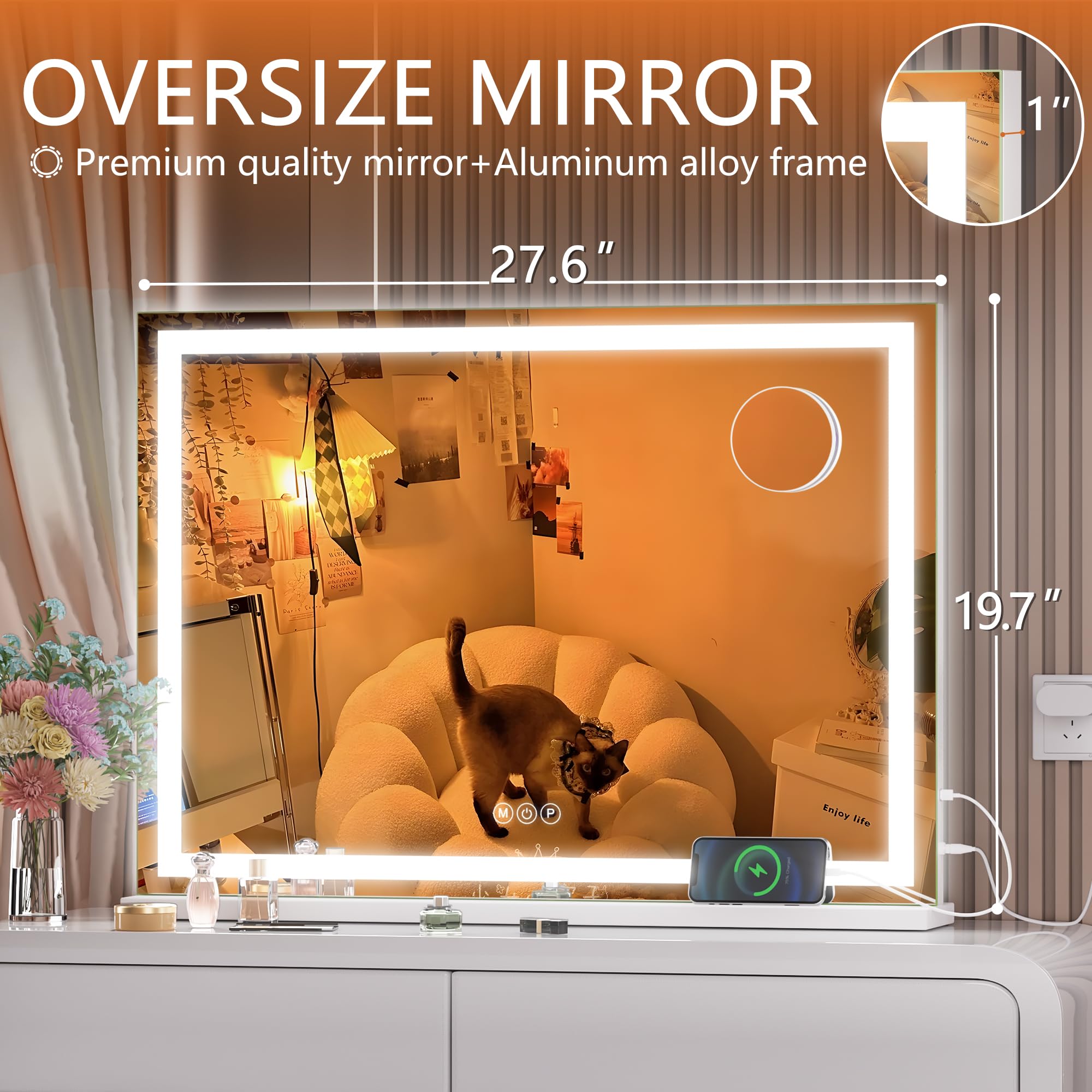 Hasipu Vanity Mirror With Lights, 28'' X 20'' Led Makeup Mirror, Lighted Makeup Mirror With Dimmable 3 Modes, Touch Screen Contr