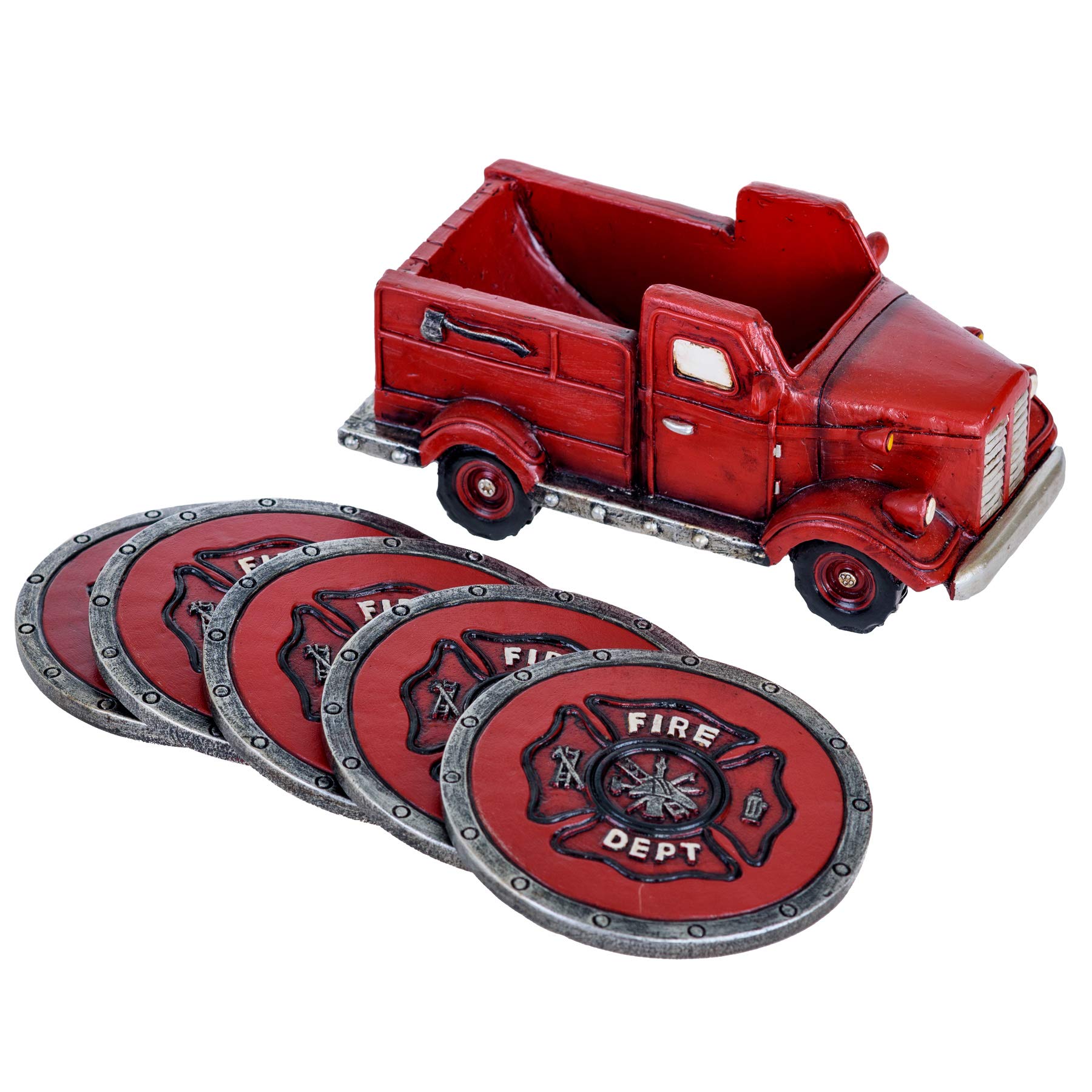 Fire Truck Coaster Set Of 5 - Firefighter Kitchen Table Coasters Set Rustic Home Decor Living Room - Firefighter Coaster Sets Wi