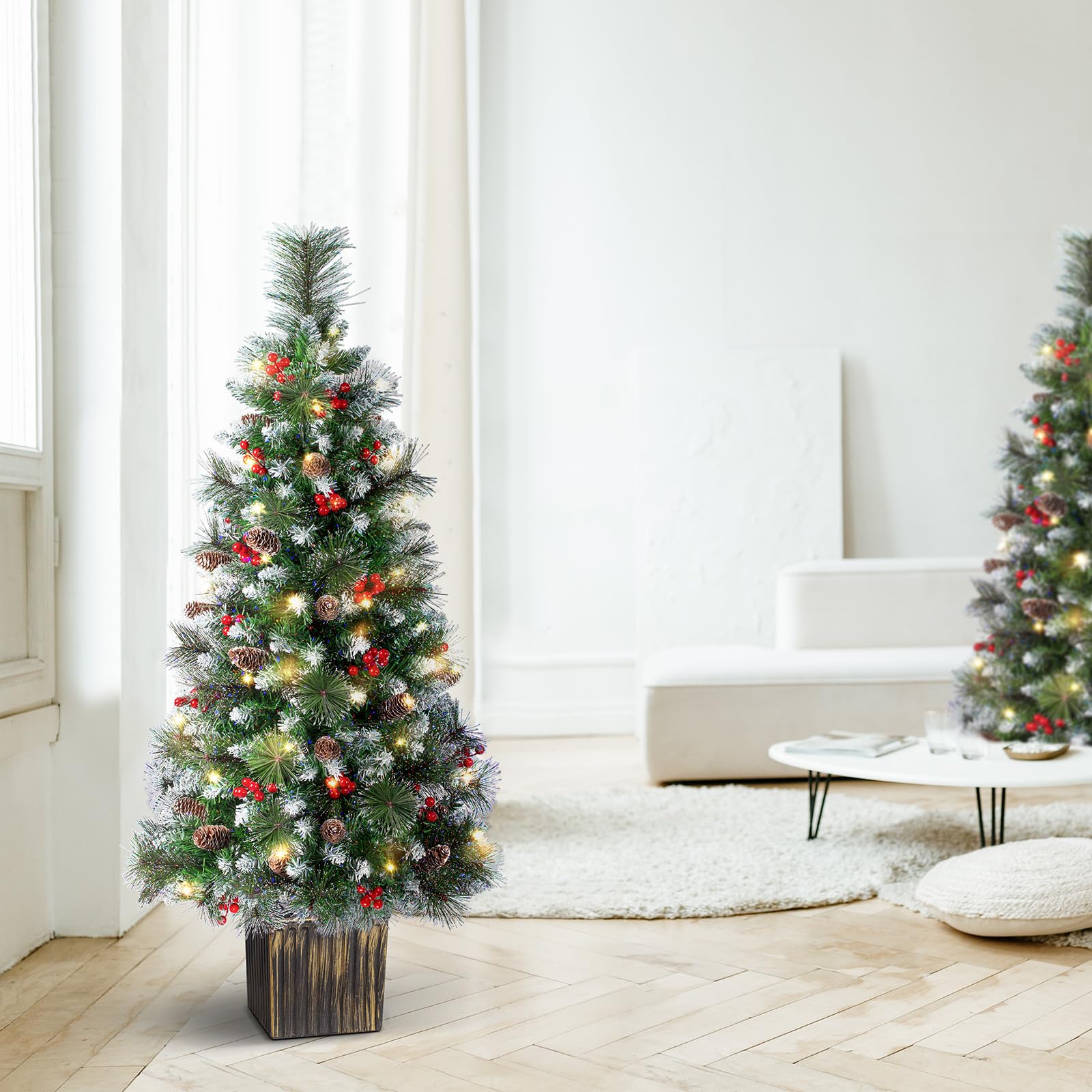 LAVEVE 4FT Outdoor Christmas Tree with Lights in Vintage Potted Base, Battery Operated Xmas Tree with Snow-Touched Branches, 100