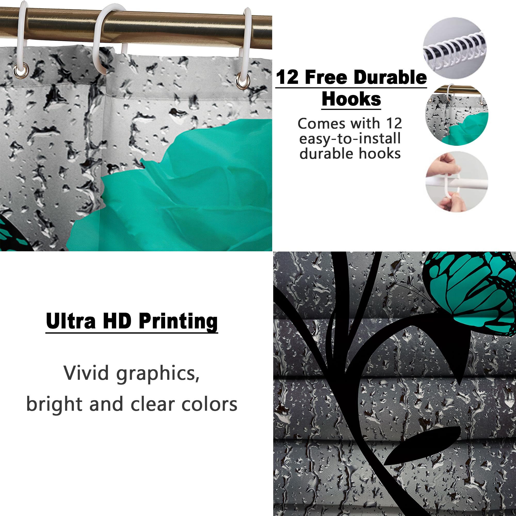 Poedist 4 Pcs Bathroom Set,Green Rose Shower Curtain Sets, Romantic Shower Curtain Sets With Rugs(Bath Mat,U Shape And Toilet Li