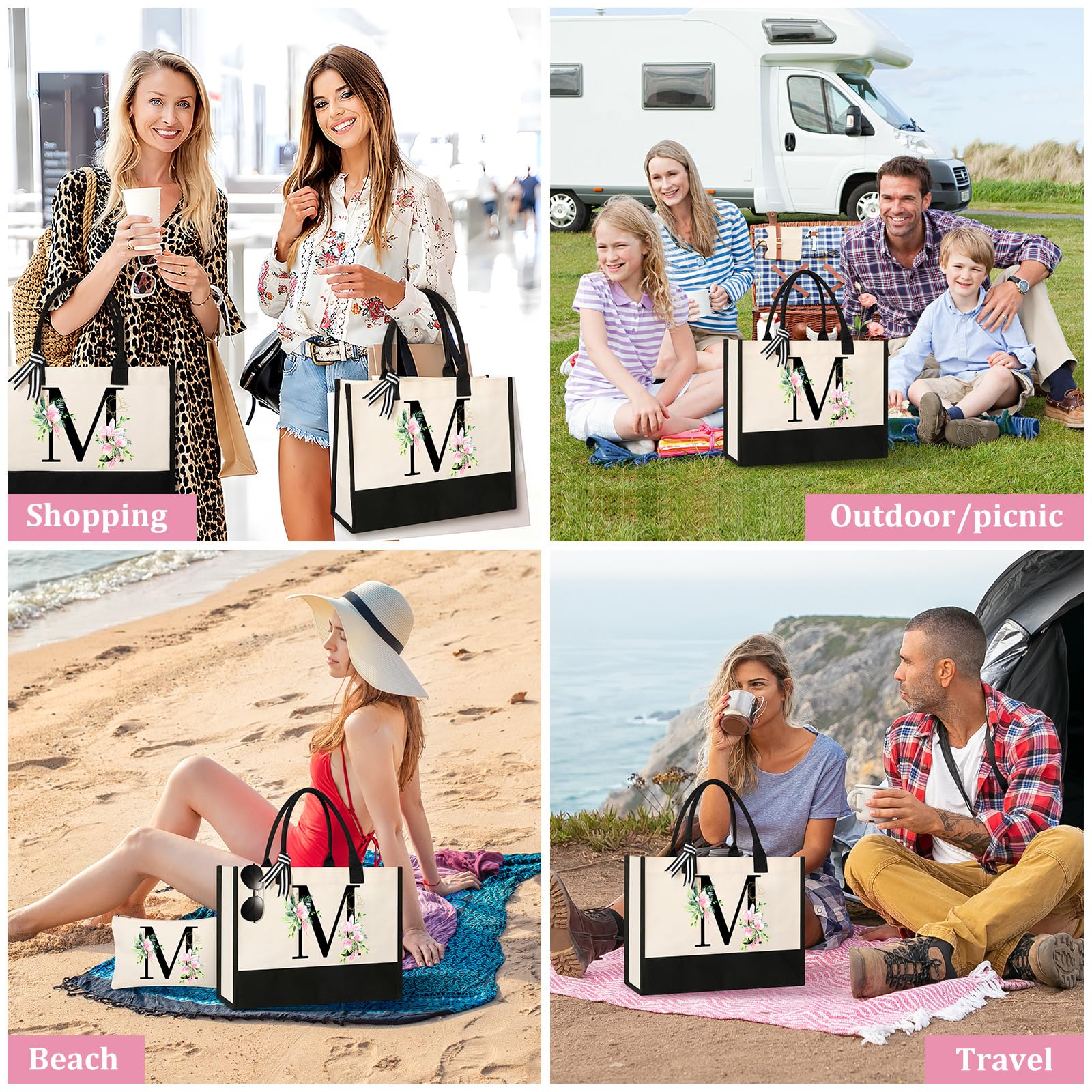 Ayge Personalized Initial Canvas Beach Bag Cosmetic Bags, Monogrammed Gifts For Women, Tote Bag, Makeup Bag, Birthday Gifts For
