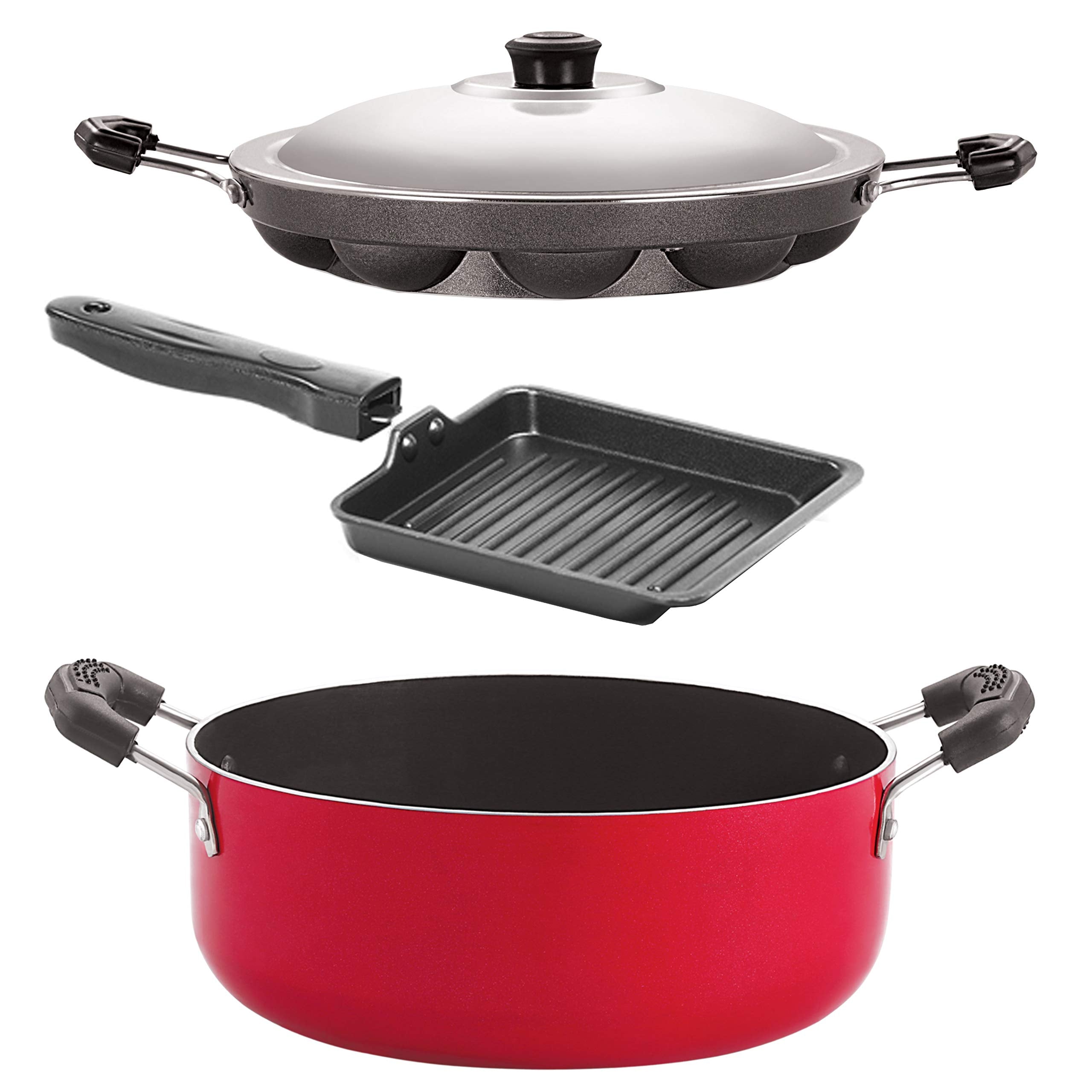 Nirlon Non Stick 3 Piece Combo Cookware Set Aluminium Red & Black (Ap12_Sgp_Cs24)