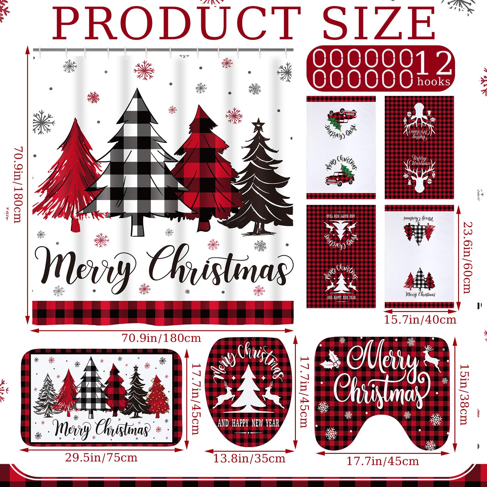 Honoson 8 Pcs Christmas Shower Curtain Set with Rugs and Kitchen Towels Buffalo Plaid Christmas Tree Bathroom Decor Merry Christ