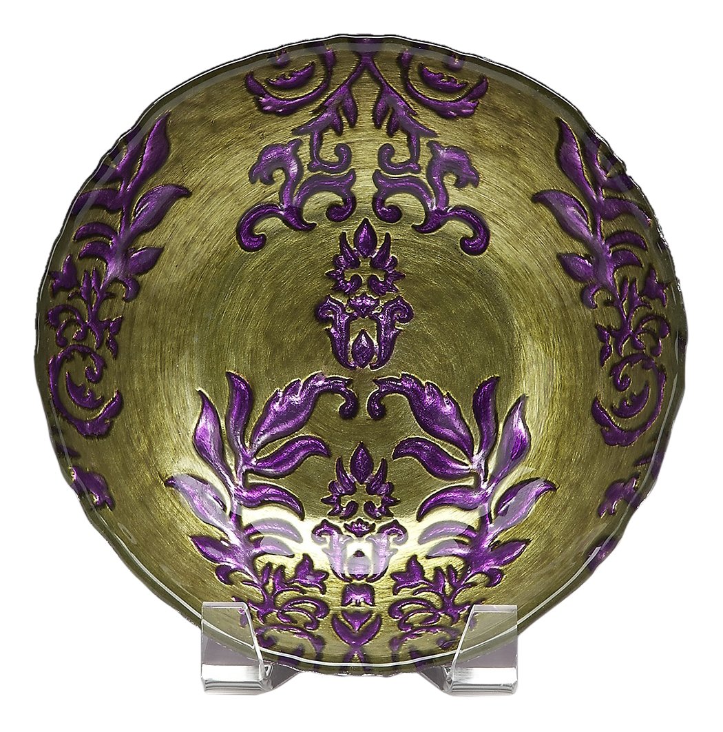 Red Pomegranate Damask Bowl Green Purple 7.5-Inch