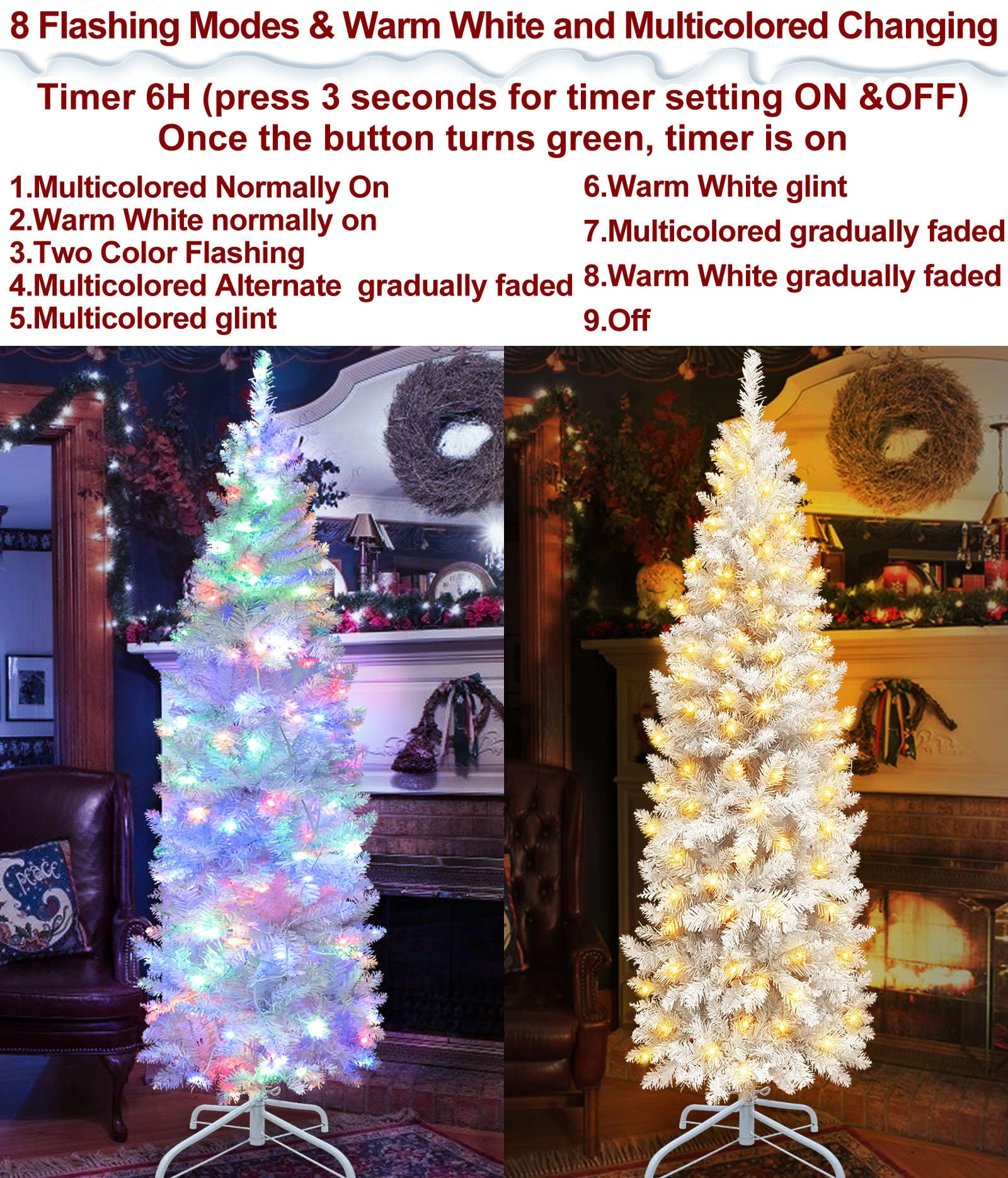5 Ft Prelit White Pencil Artificial Christmas Tree with Timer 180 LED Warm White & Colorful Change Lights 8 Modes Plug in 550 Br