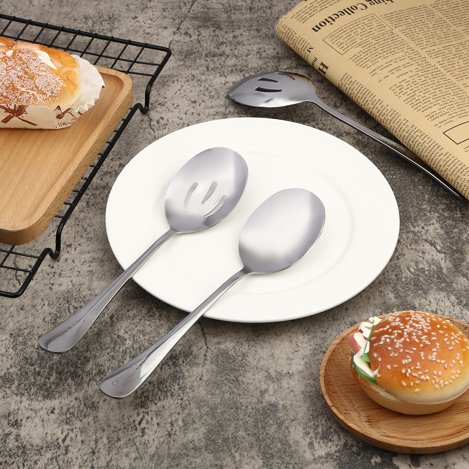 Hansgo Serving Utensils Stainless Steel, 6Pcs Large Serving Utensils Including 2 Serving Spoons, 2 Slotted Spoons, 2 Serving Ton