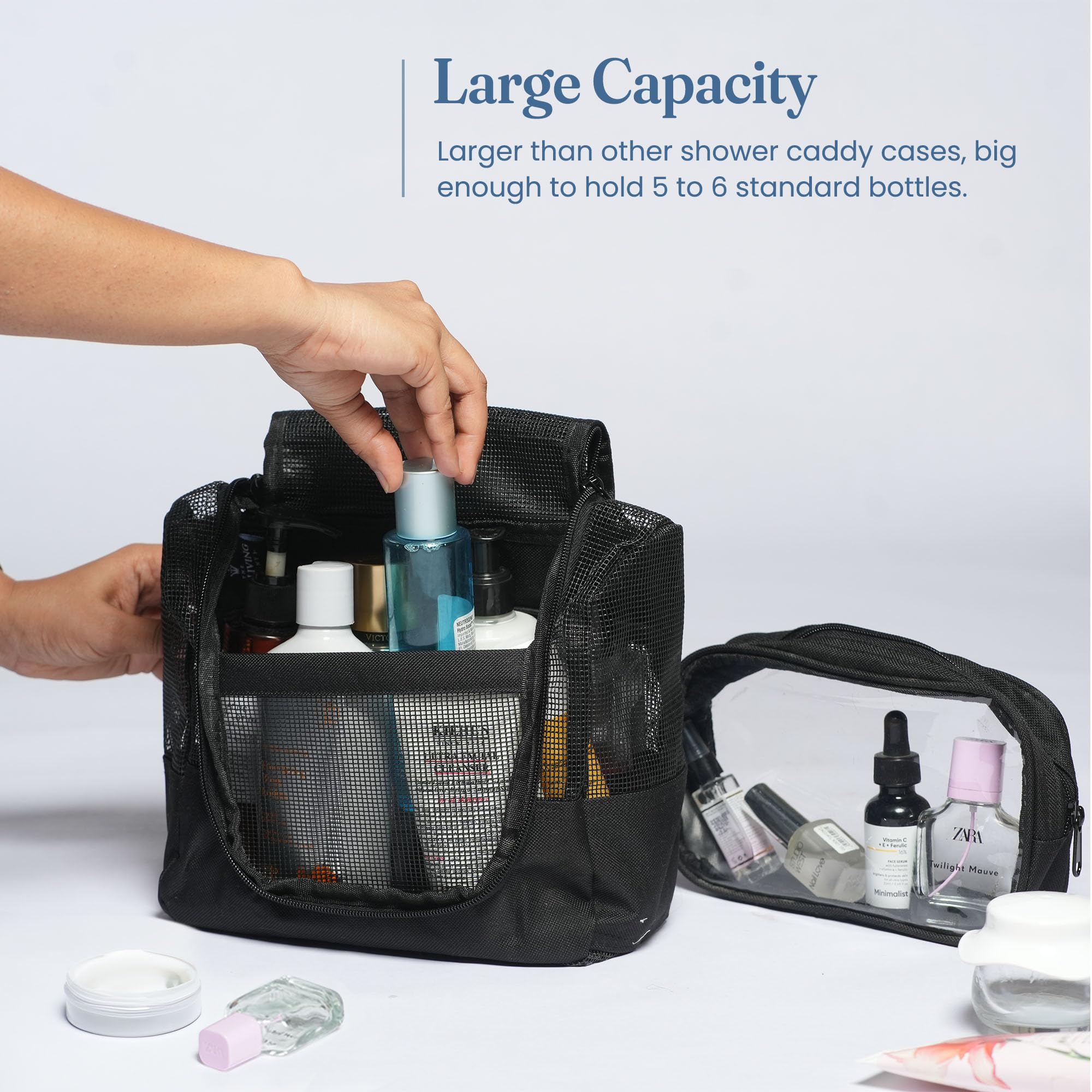 The Fine Living Co. Portable Hanging Shower Caddy Organizer Bag (Free Toiletries Case+Metal Hook) Quick Dry Mesh Shower Caddy To