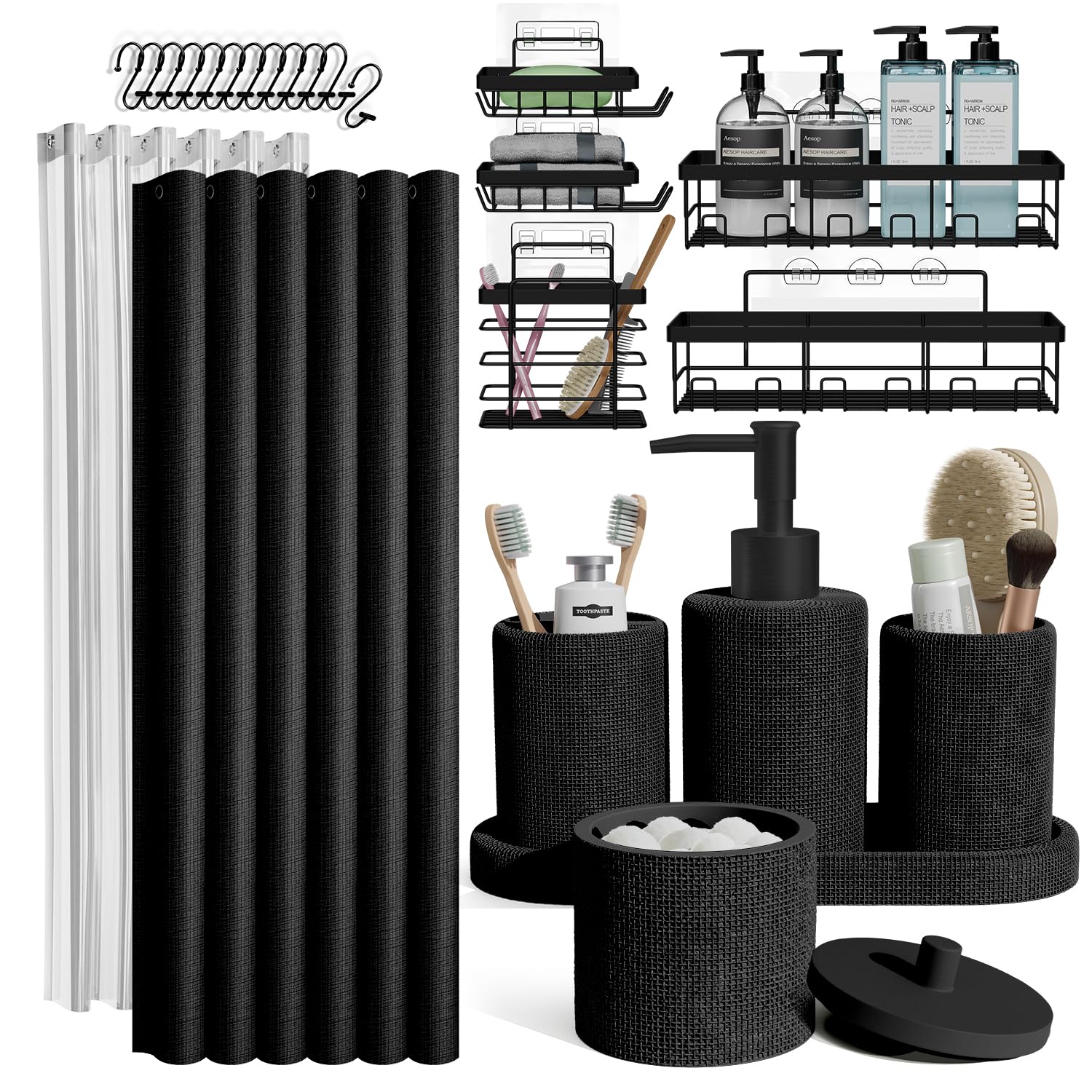 Clara Clark Bathroom Set - Black Bathroom Accessories Set, 24PC Bathroom Accessory Set, Bathroom Sets with Shower Curtain Set, A