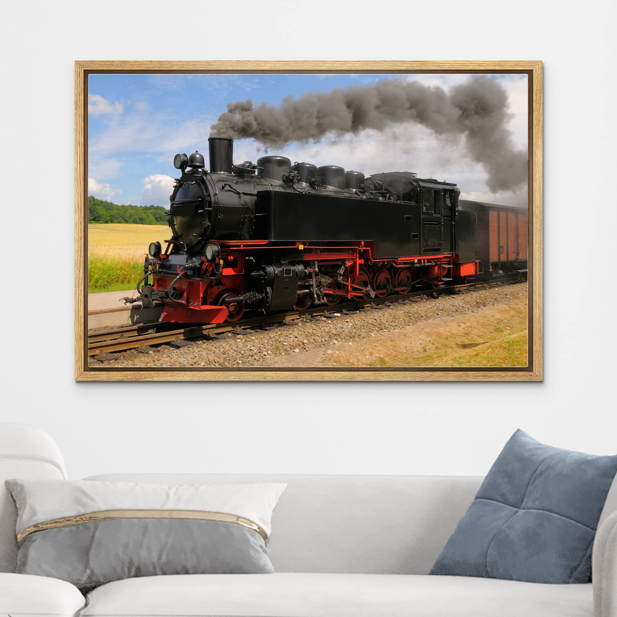 Steam Train with Black Smoke Running on Island Rugen Northern Germany - Framed Canvas Art Wall Art - 16''x24'' Natural