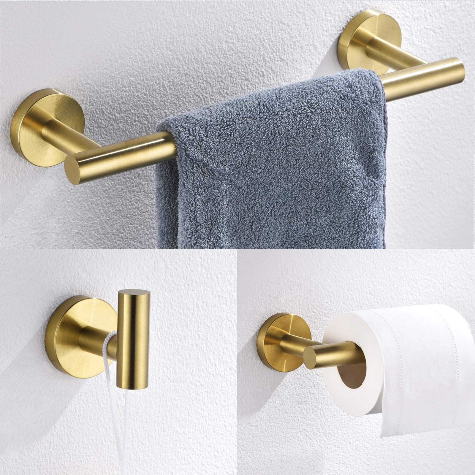 Nolimas 3-Pieces Brushed Gold Bathroom Hardware Set SUS304 Stainless Steel Round Wall Mounted Includes 12'' Hand Towel Bar Toilet Paper Holder Robe Towel Hooks Bathroom Accessories Kit