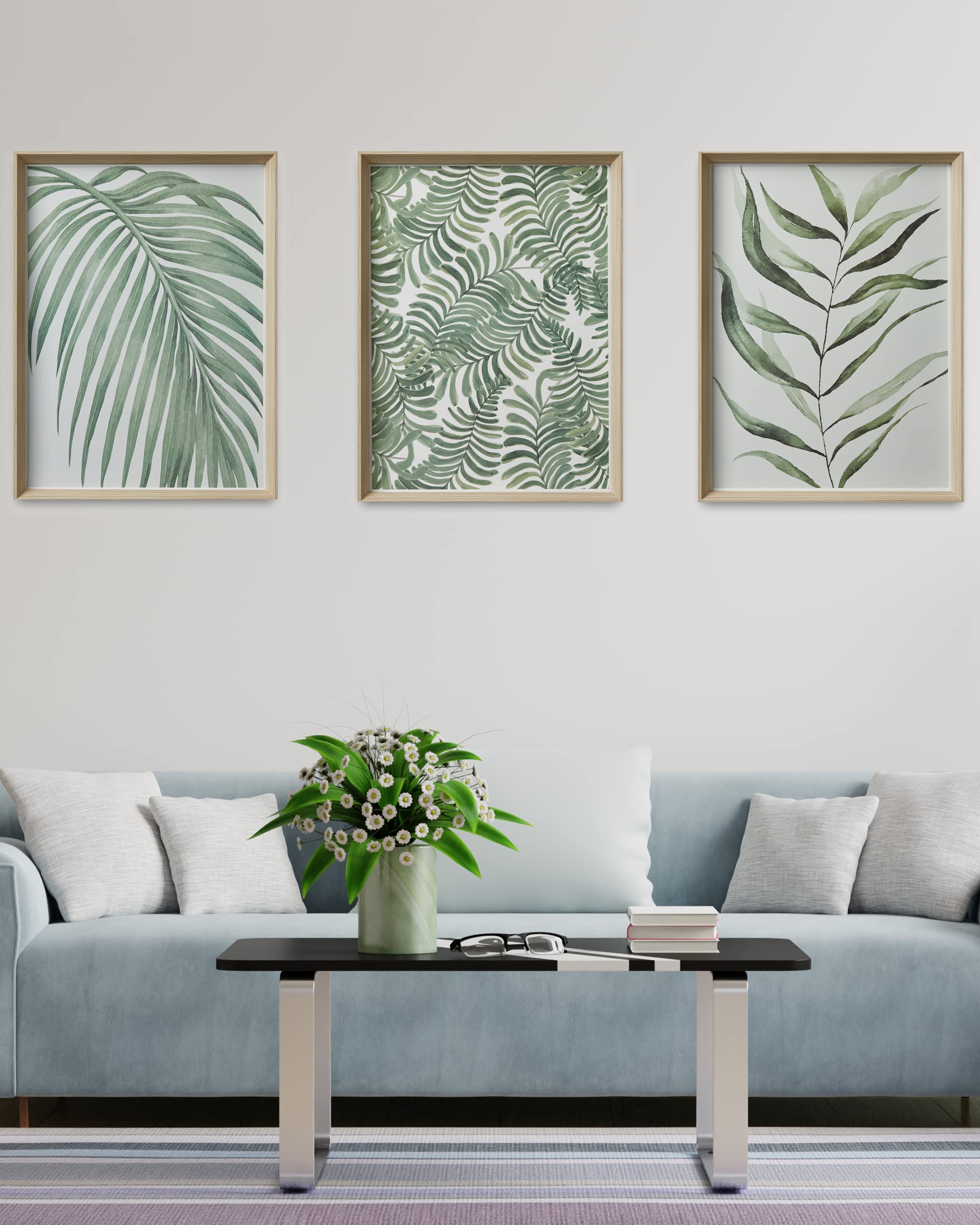 Upwoigh Framed Green Wall Art(No Plexiglass), Palm Leaves Canvas Wall Art,16X12In Botanical Wood Bohemia Sage Wall Decor Prints