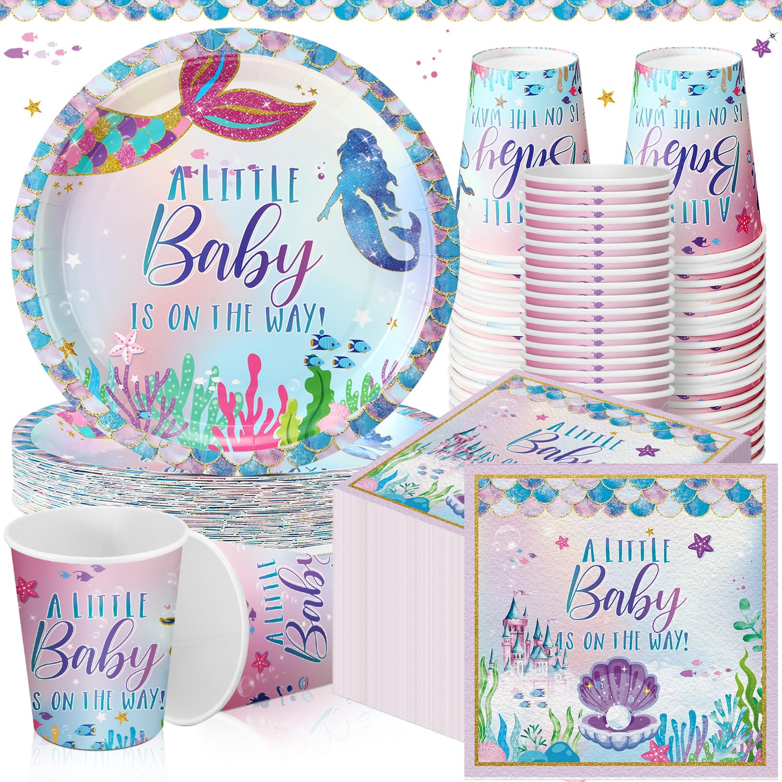 200 Pcs Mermaid Baby Shower Paper Plates Napkins Cups Under The Sea Baby Shower Party Supplies Tableware Set Purple Green Dispos