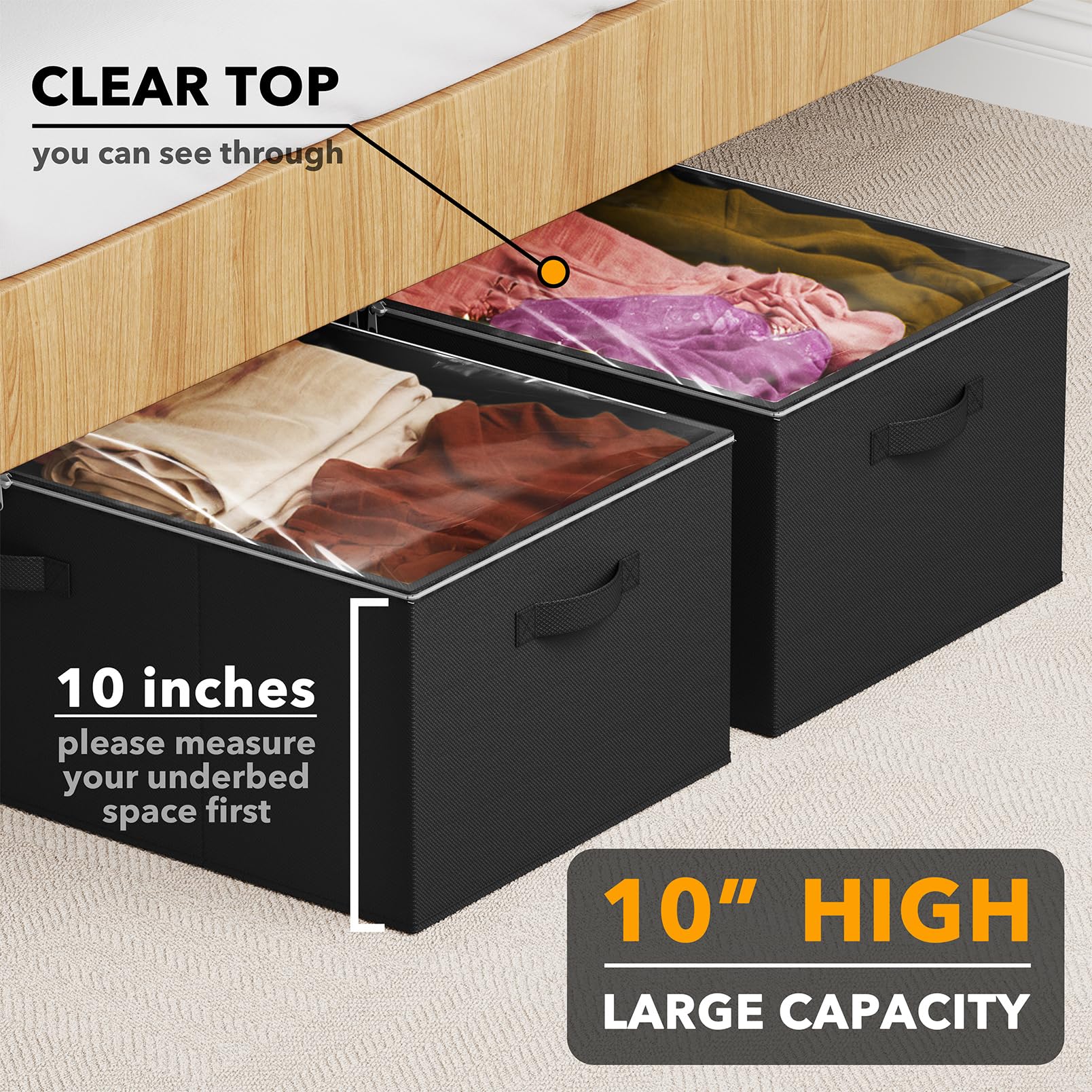 SpaceAid 2 Pack 10'' High Under Bed Storage Containers, Large Underbed Storage Organizer Bins with Lids for Bedroom, Dorm, Cloth