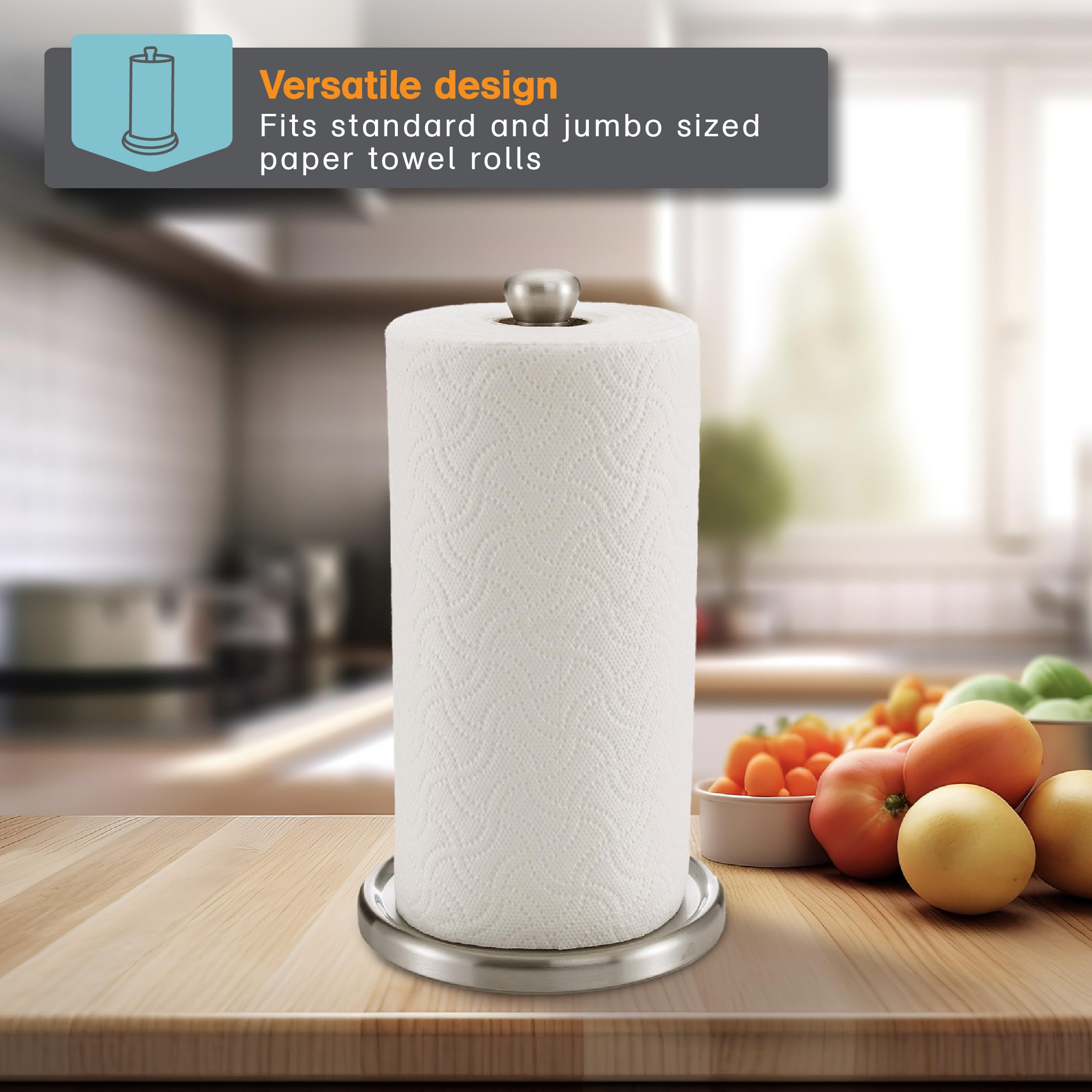Polder Single-Tear Paper Towel Holder  Kitchen Organization and Storage  Stainless Steel Paper Towel Holder  Fits Standard and Jumbo-Sized Paper Towel Rolls  12.6'' H x 7.1'' Dia.