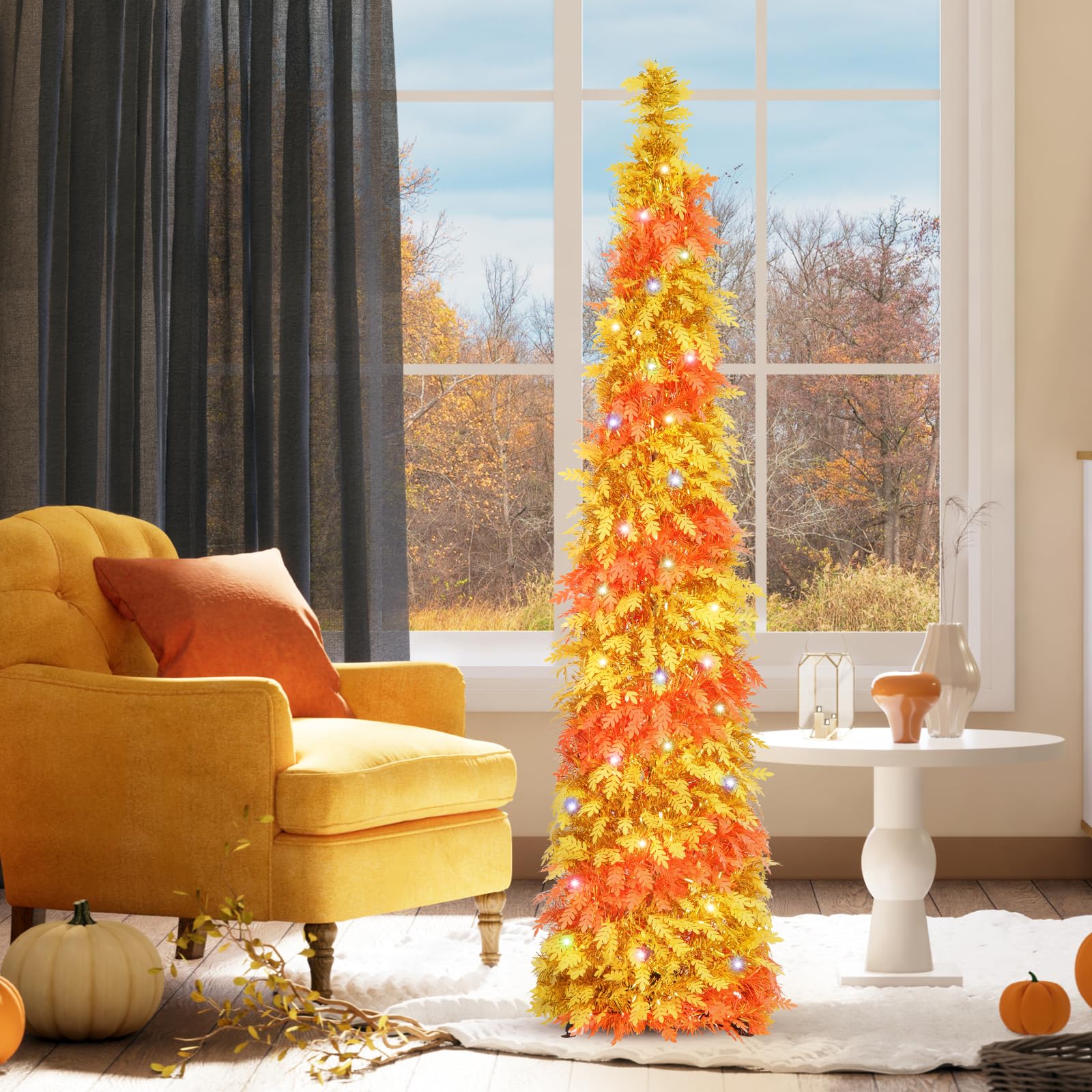 N&T NIETING Fall Tree Home Decor, Pop Up Tree with Lights & Timer & 8 Modes, Collapsible Tinsel Pencil Tree for Autumn Harvest P