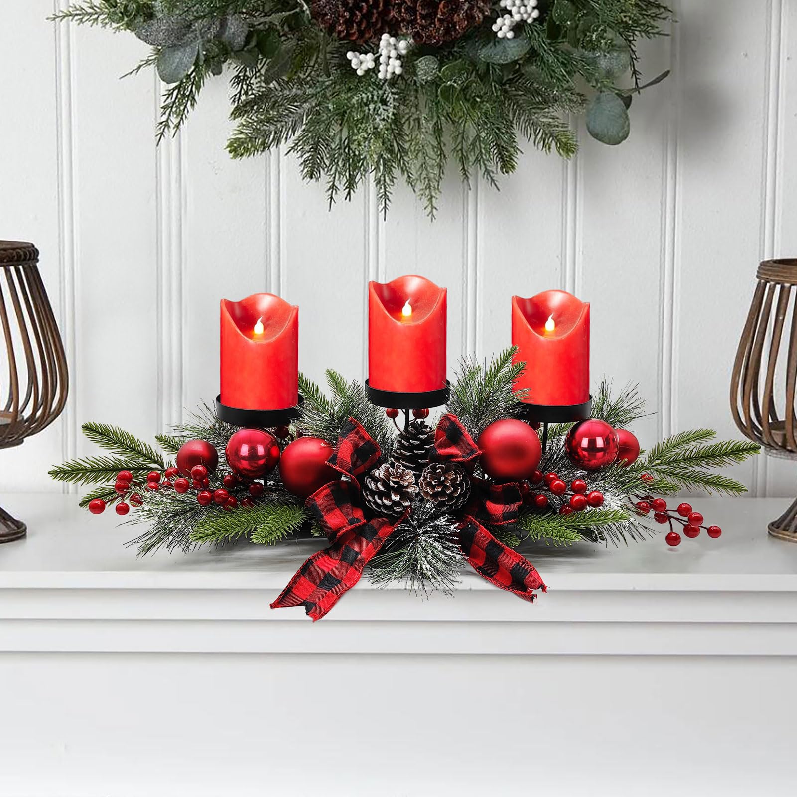 Christmas Table Centerpieces Decorations, 27.5 Inch Designed with Golden Bowknot Baubles Ornaments, Artificial Golden Berries an