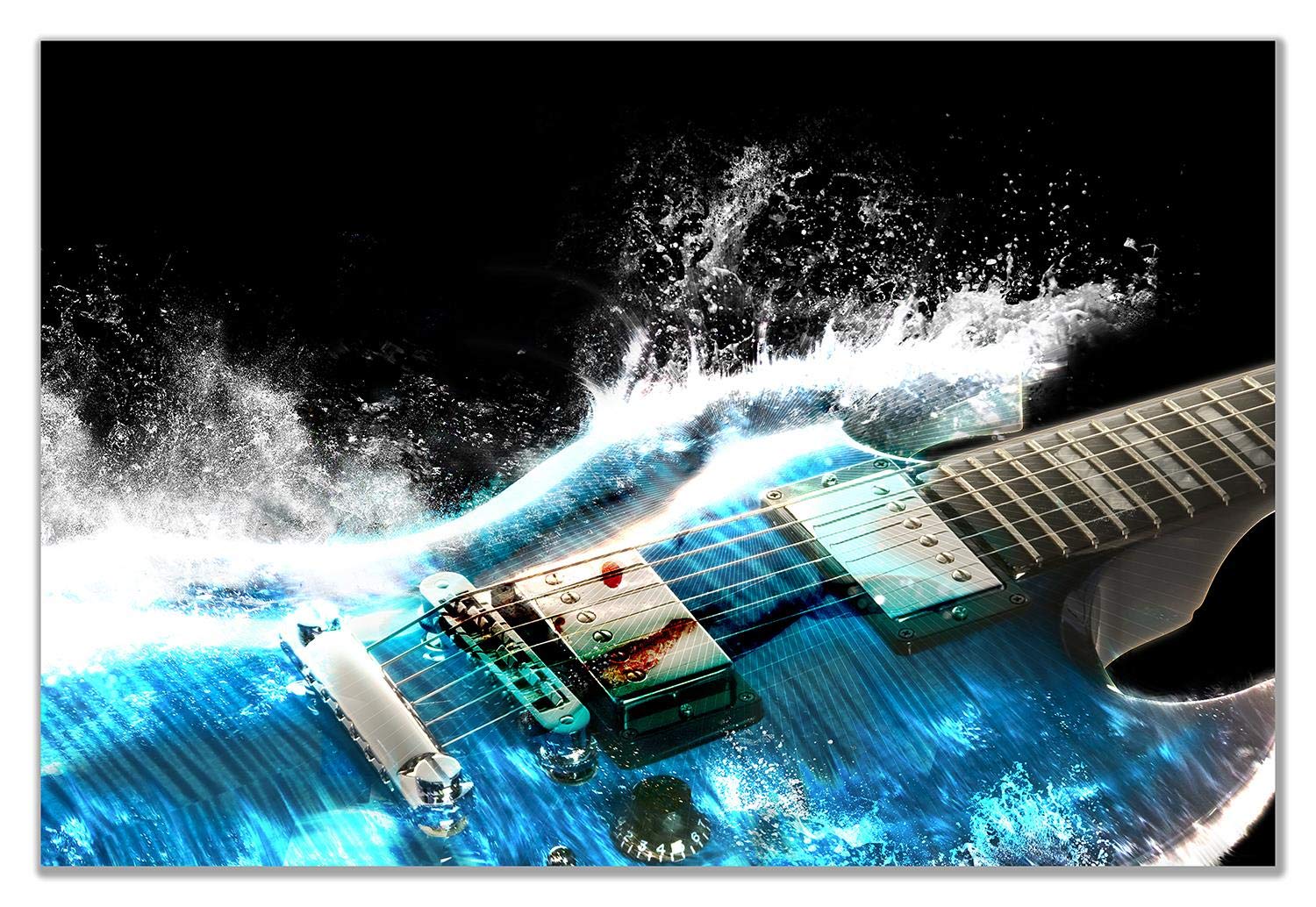 Guitar In Blue And Waves Music Canvas Wall Art Picture Print For Home Decor (30X20)