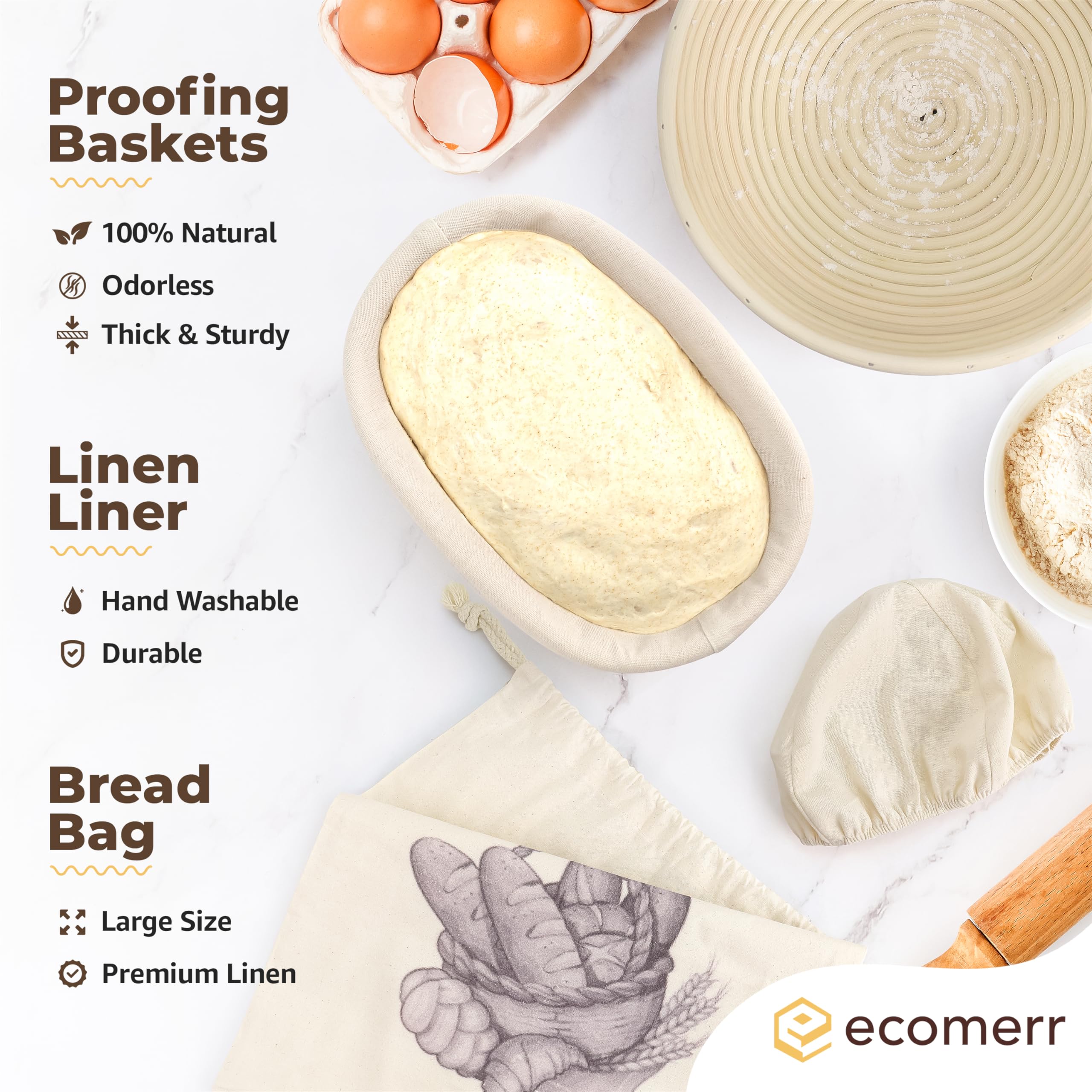 Ecomerr 9'' Banneton Bread Proofing Basket Set Of 2 - Round & Oval Rattan, Sourdough Starter Kit, Includes Lame, Dough Scrapers,