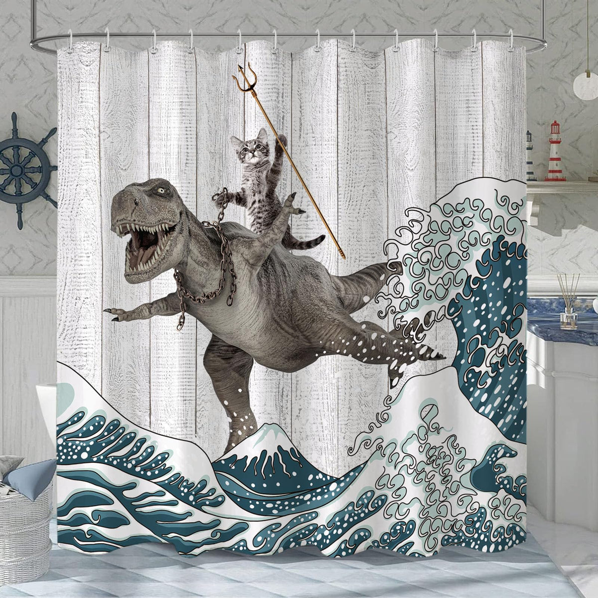 Fungarth Funny Cat Shower Curtain Dinosaur Ocean Sea Wave Shower Curtains For Bathroom Cool Waterproof Fabric Rustic Wooden Farm