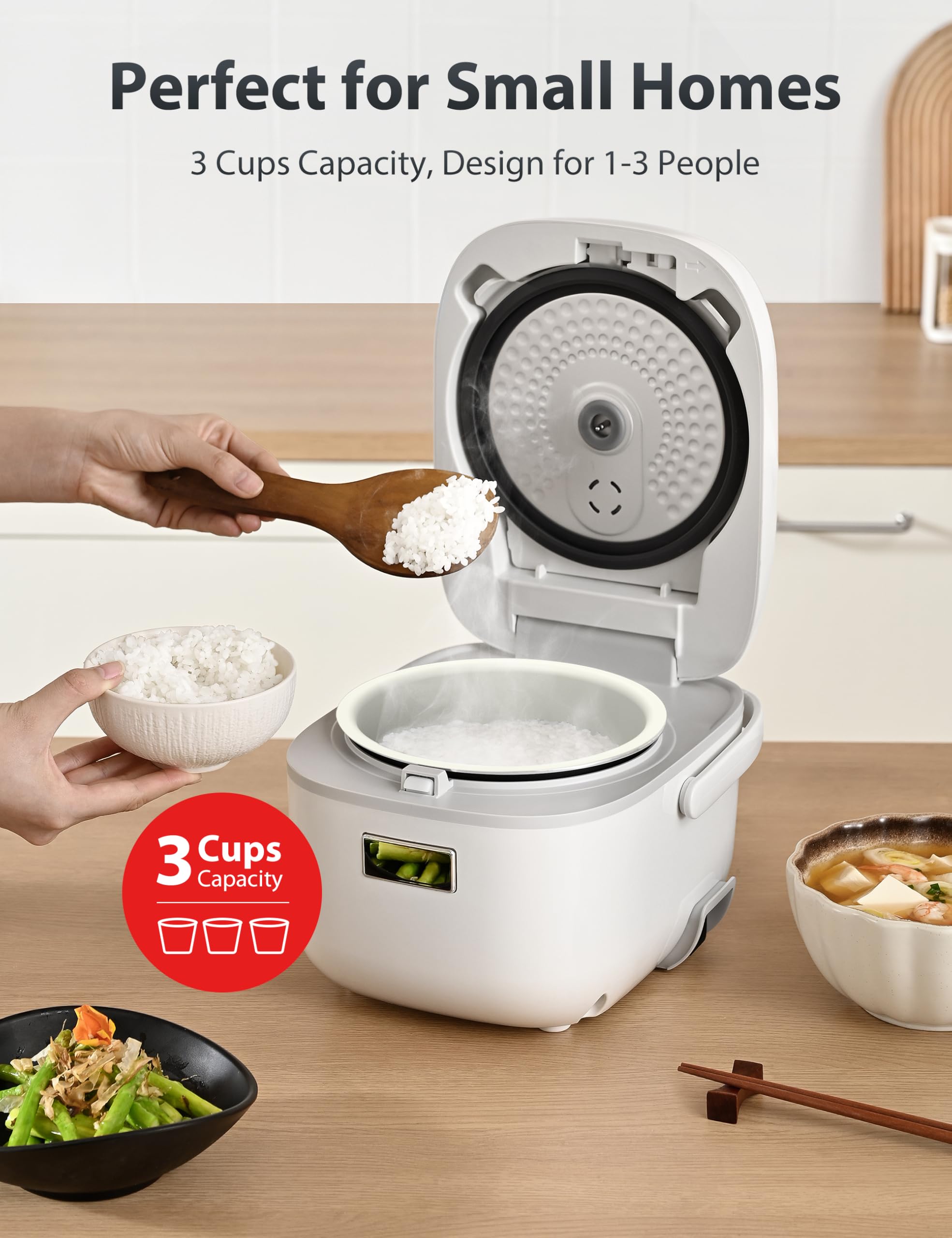TOSHIBA Mini Rice Cooker 3 Cups, Stainless Steel, White, Model TRCS02, Fuzzy Logic, One-Touch Cooking, Auto Keep Warm