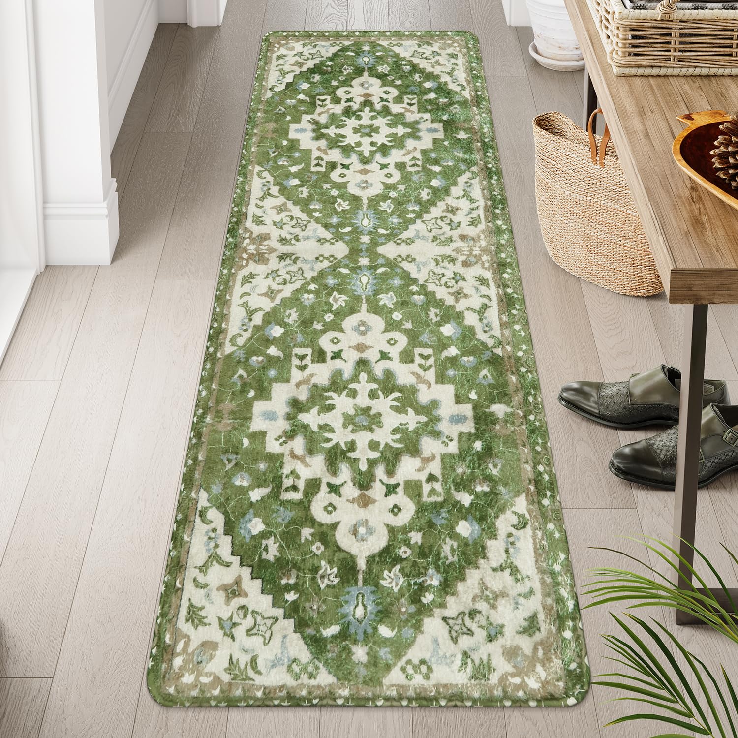 Uphome Vintage Bathroom Runner Rug Sage Green Boho Non-Slip Kitchen Runner Oriental Soft Machine Washable Hallway Rug Tribal Flo