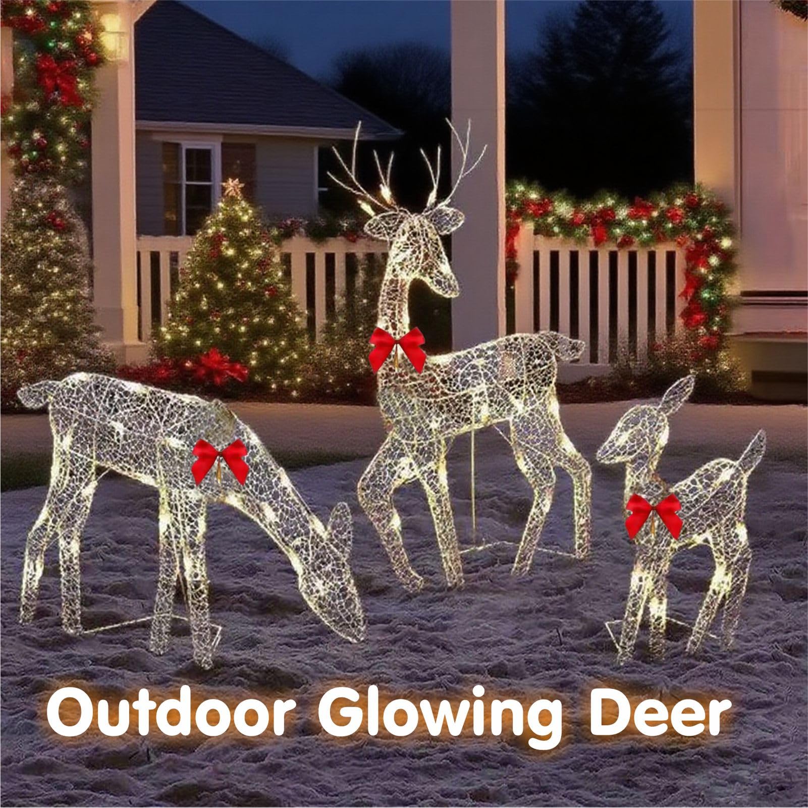 Pre-Lit Outdoor Christmas Deer Family Set, 2D Lighted Reindeer Decoration, 60 LED Warm White Lights, 3-Piece, Waterproof,Battery