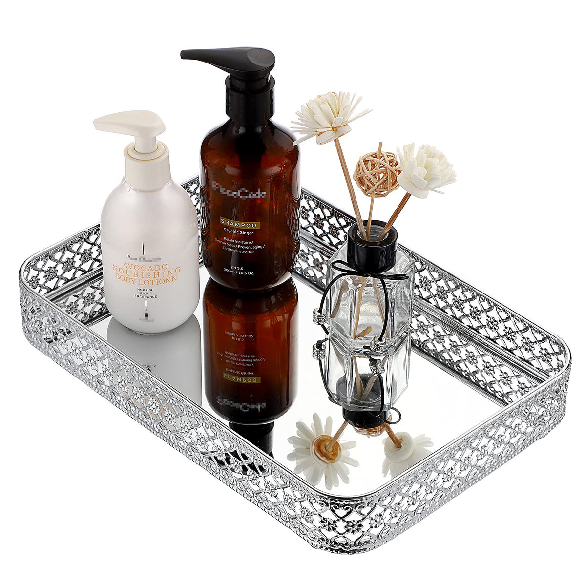 Elldoo Perfume Tray Mirror Tray Vanity Makeup Hollow-Carved Jewelry Tray Glass Metal Trinket Storage Tray Home Decor Organizer T
