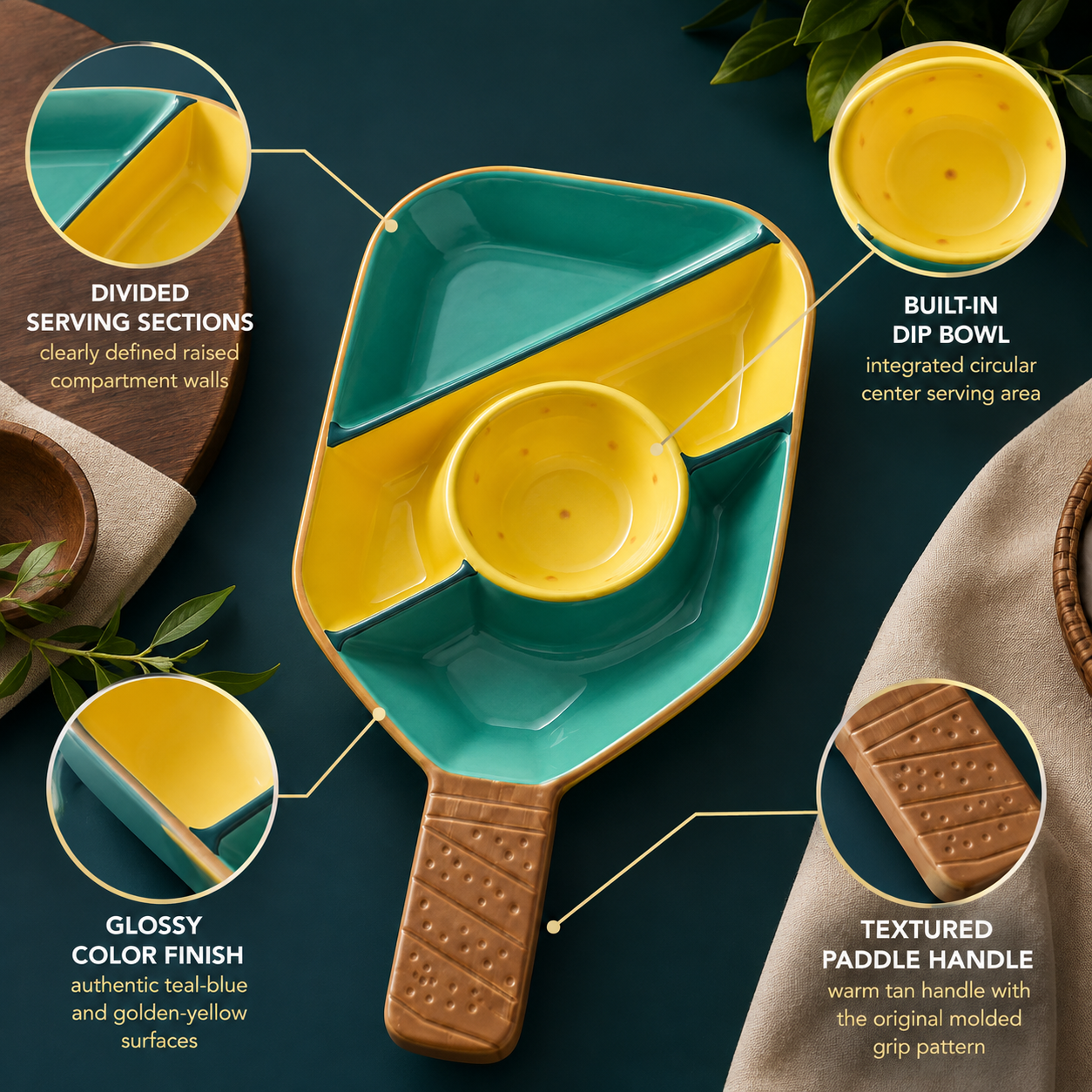 Khen Ceramic Pickleball Dish | Paddle Shaped Serving Tray Platter Decorative Tableware
