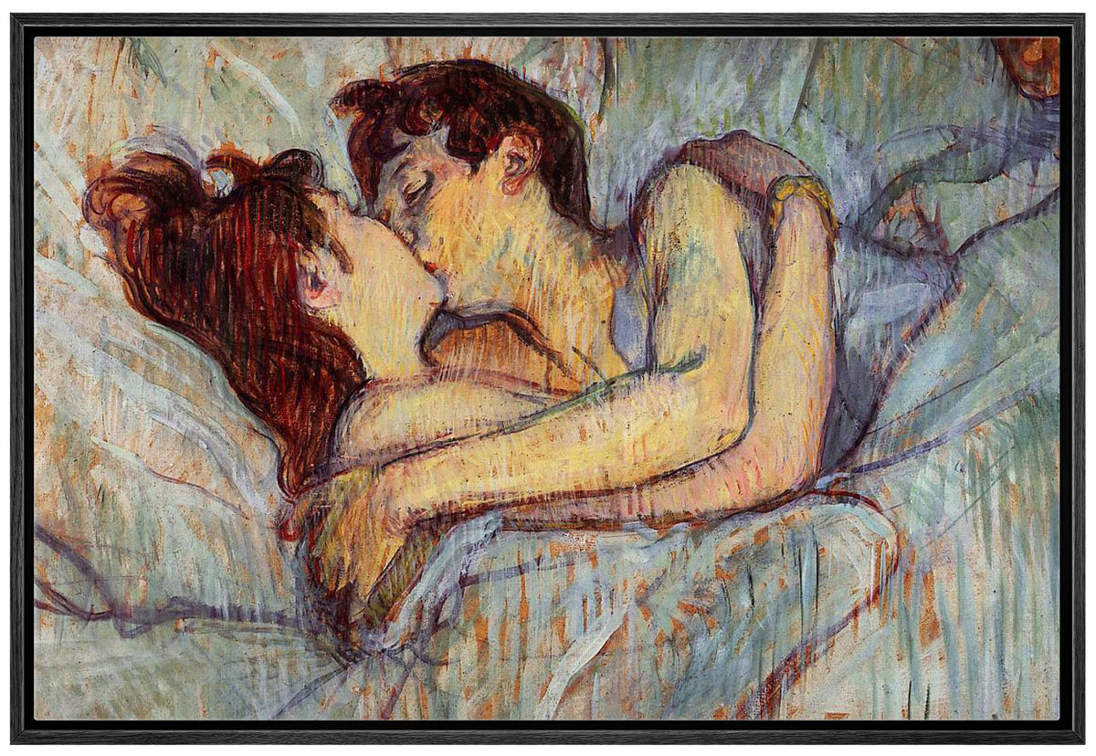 Wall26 - In Bed The Kiss By Henri De Toulouse-Lautrec - Framed Canvas Print Wall Art Famous Painting Reproduction - 16''X24'' Bl