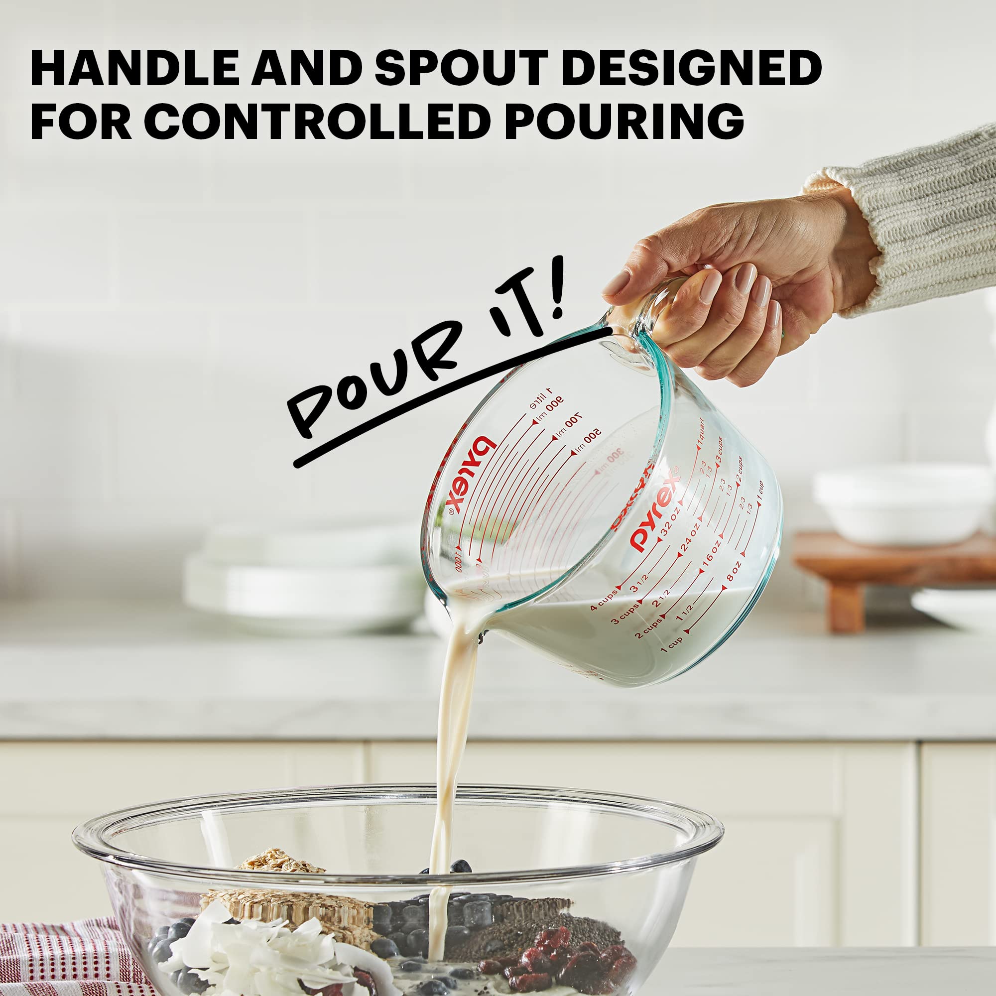 Pyrex 4-Cup Glass Measuring Cup For Baking And Cooking, Dishwasher, Freezer, Microwave, And Preheated Oven Safe, Essential Kitch