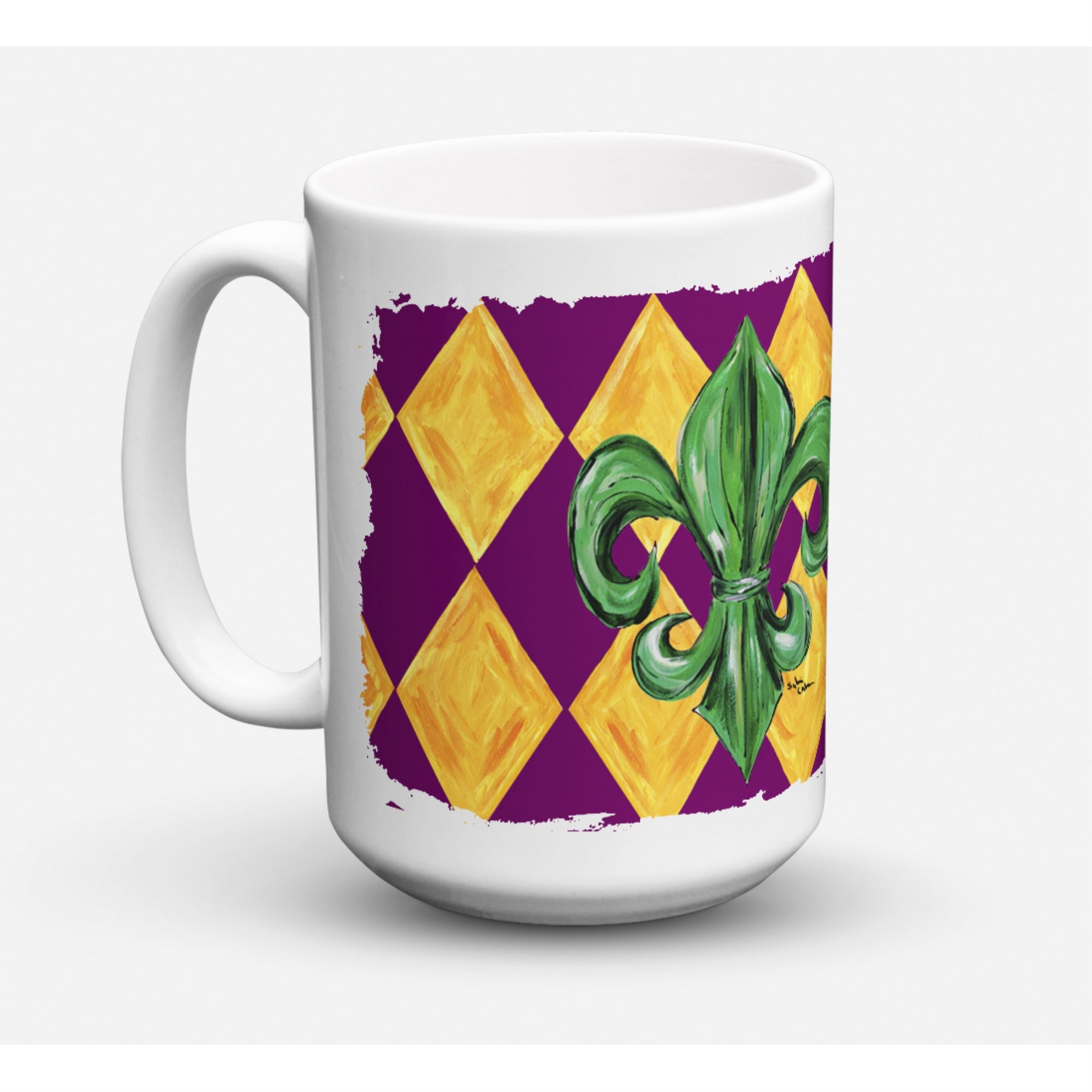 Carolines Treasures 8133CM15 Mardi Gras Fleur De Lis Purple Green And Gold Microwavable Ceramic Coffee Mug 15 oz Multicolor