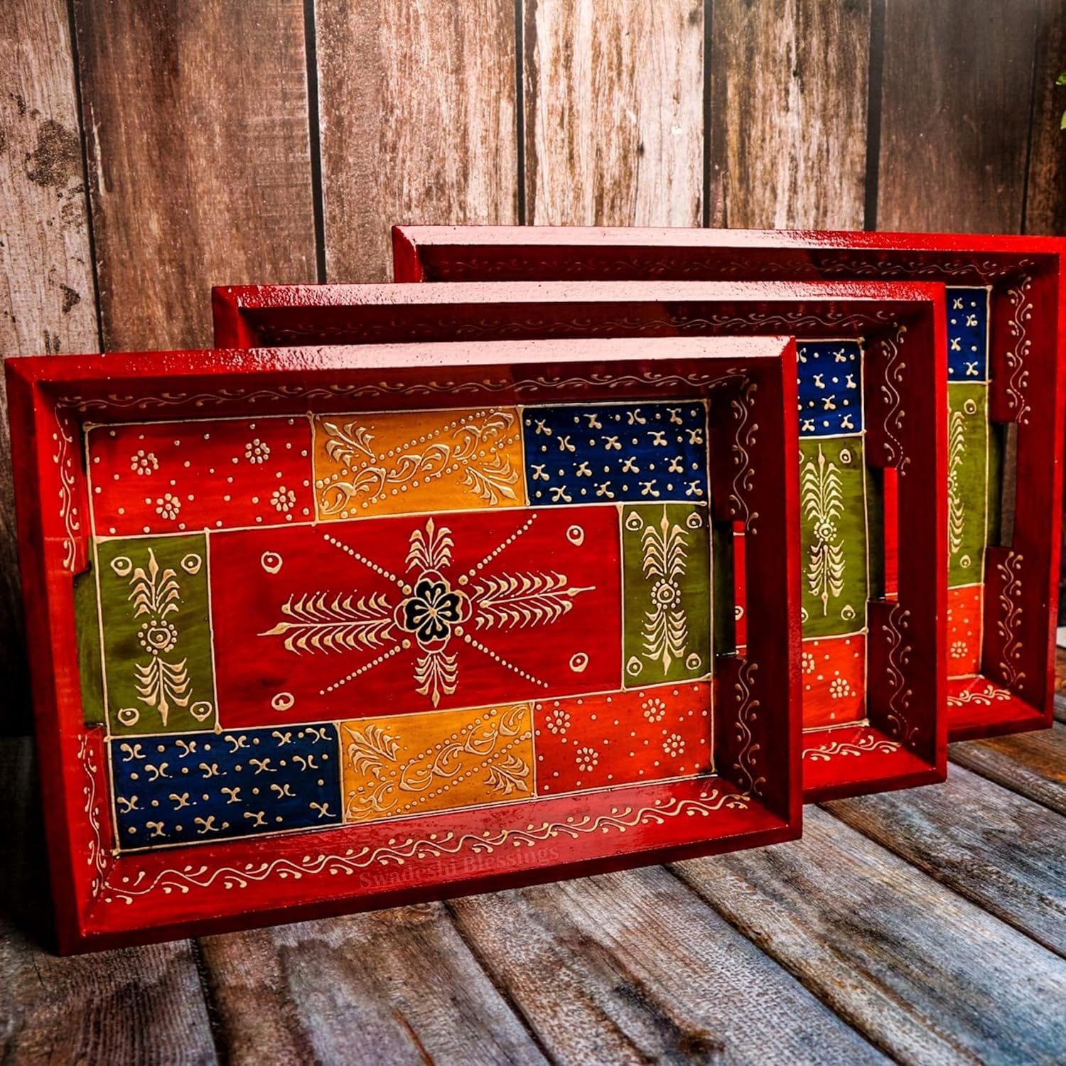 Parc Wooden Serving Tray Set Handcrafted & HandPainted For Kitchen/Table & Home Decor/Dinning/Gifts/Restaurants/Living Room/Co