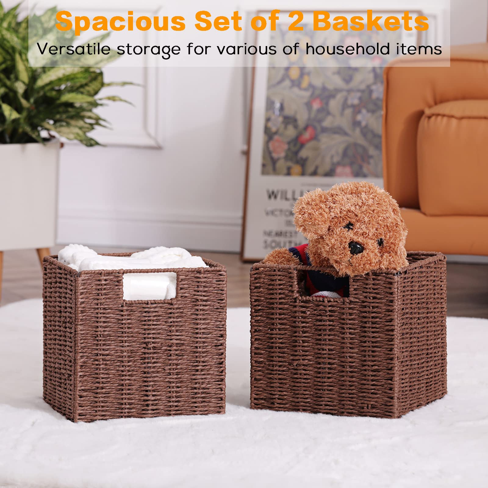 Vagusicc Wicker Storage Basket, Set Of 2 Hand-Woven Storage Baskets For Shelves, Foldable Cube Storage Baskets Bins With Handles