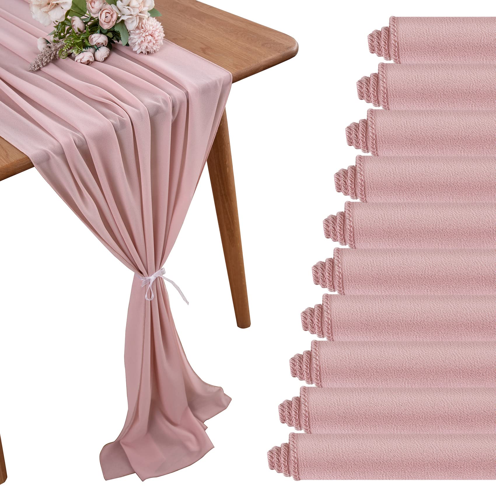 Yuhx 10 Pack Chiffon Table Runner 29 X 120 Inches Long, Dusty Rose Wedding Table Runners, Romantic Wedding Decor Party Banquets